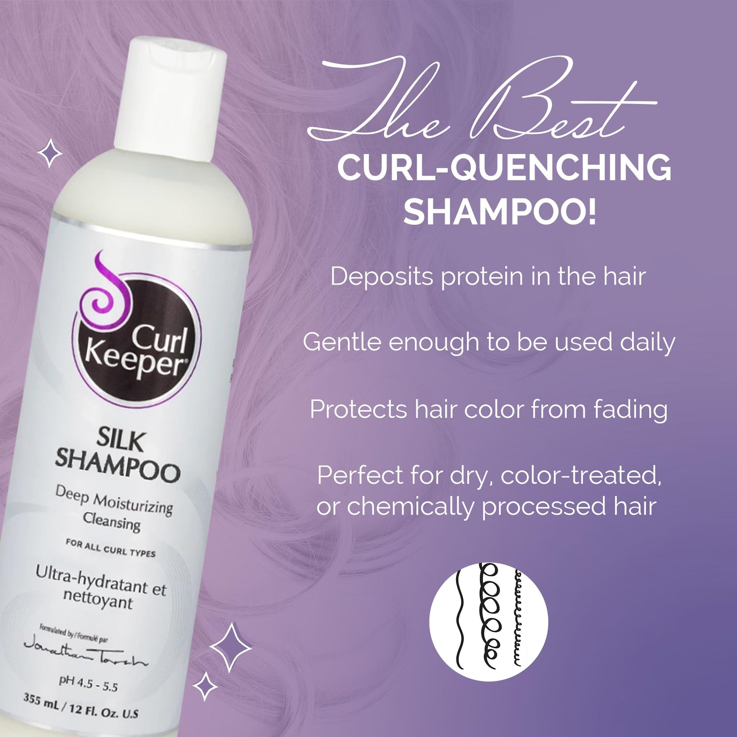Curl Keeper Silk Shampoo for Curly Hair, 12 Fl Oz - Deep Moisturizing & Cleansing Daily Hair Shampoo with Silk Amino Acids for All Curl Types - Water Beauty & Personal Care Curl Keeper
