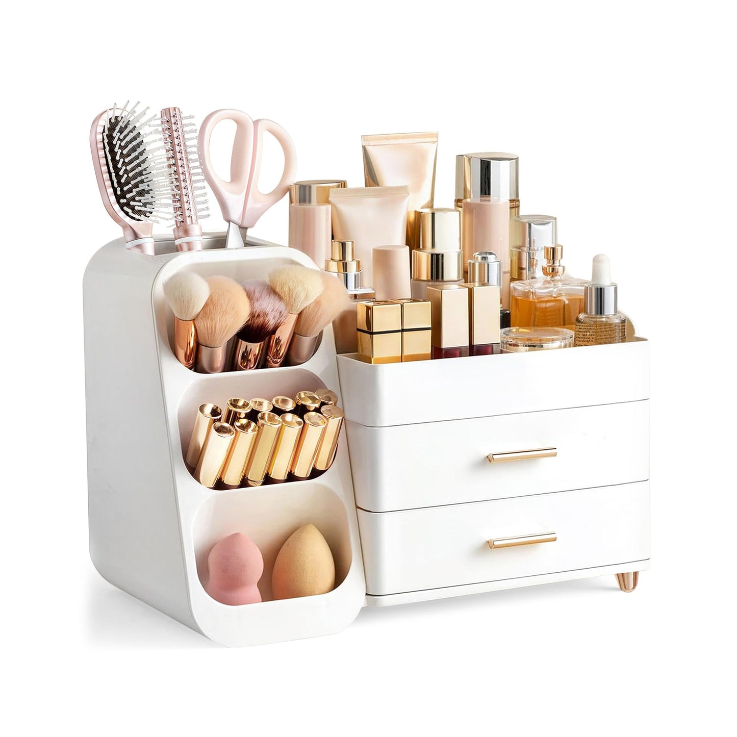 HBlife Makeup Organizer with Brush Holder for Vanity, Large Plastic Bathroom Countertop Organizer Skin Care Storage, Easy to Store Lipsticks, Nail Beauty and Personal Care HBlife