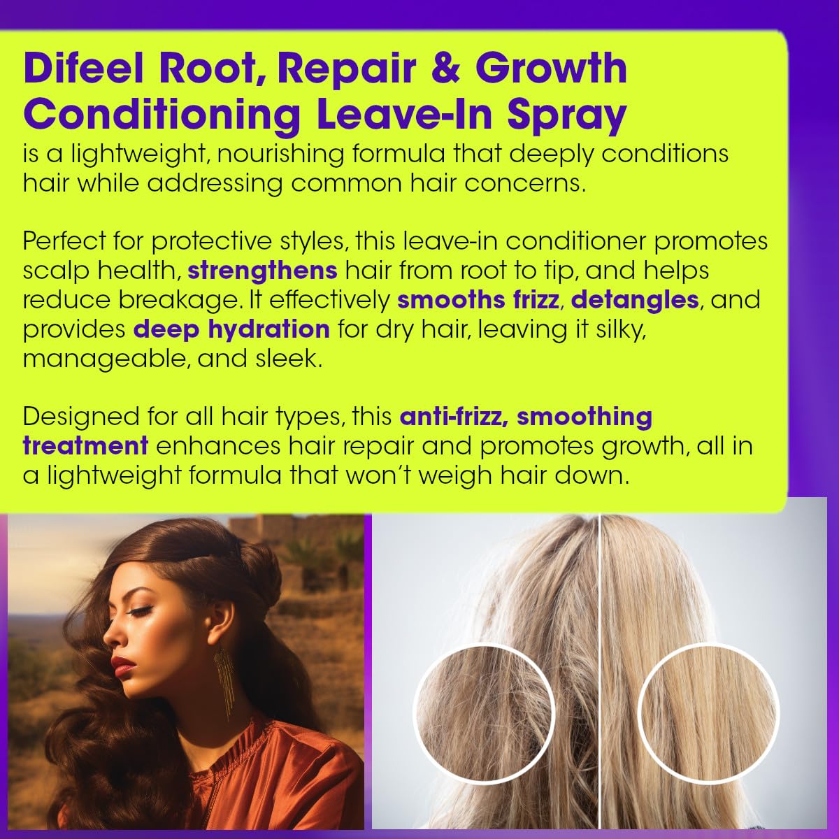 Difeel Root, Repair & Growth Conditioning Leave-in Spray 8 oz. for Stronger, Smoother, Healthier Hair with Deep Conditioning, Scalp Protection, Hair