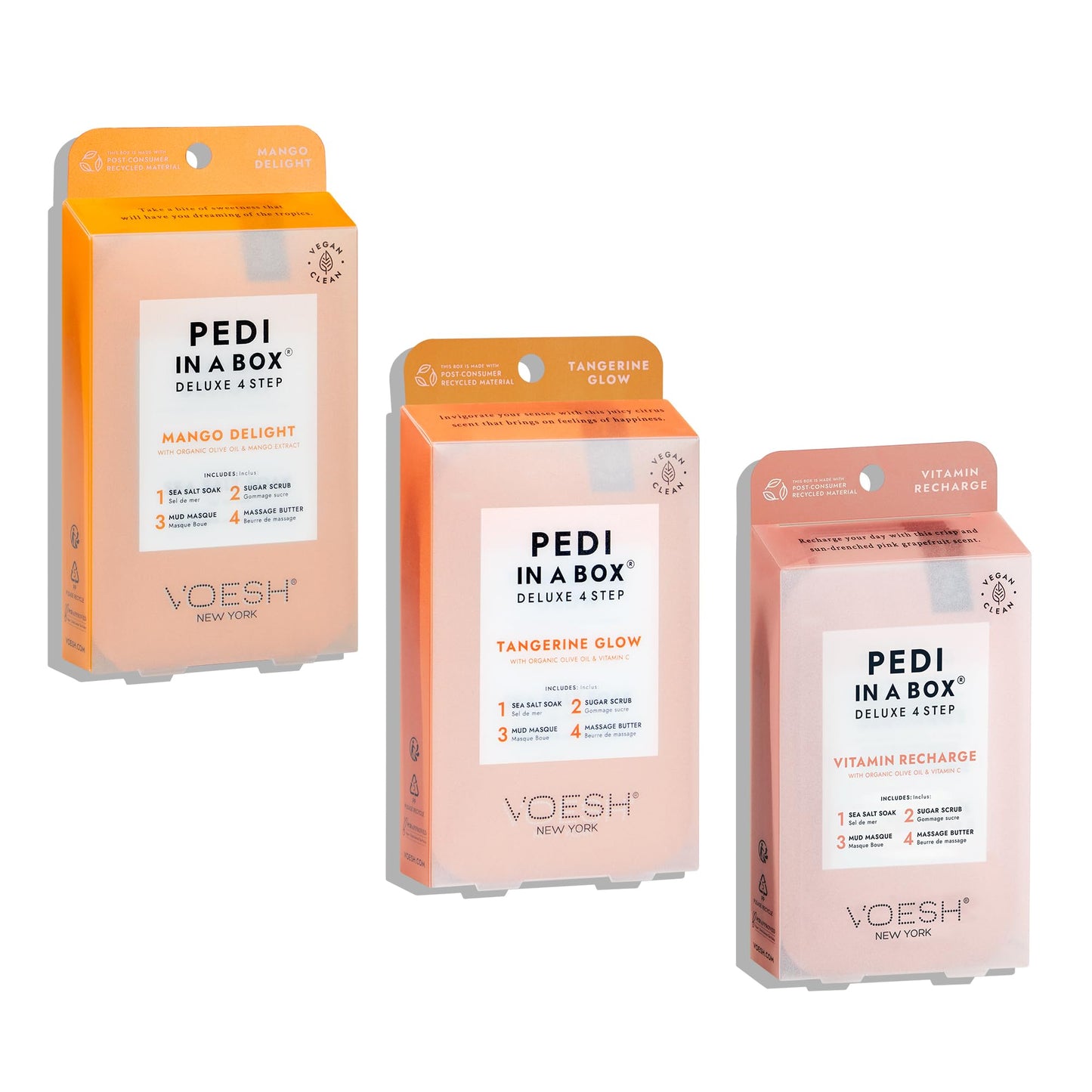 VOESH Pedi in a Box 4 Step Fruity Trio - 3 Pack of Mango Delight, Tangerine Twist & Vitamin Recharge Pedis, Home Pedicure, Vegan Foot Care, DIY Pedi Beauty & Personal Care VOESH