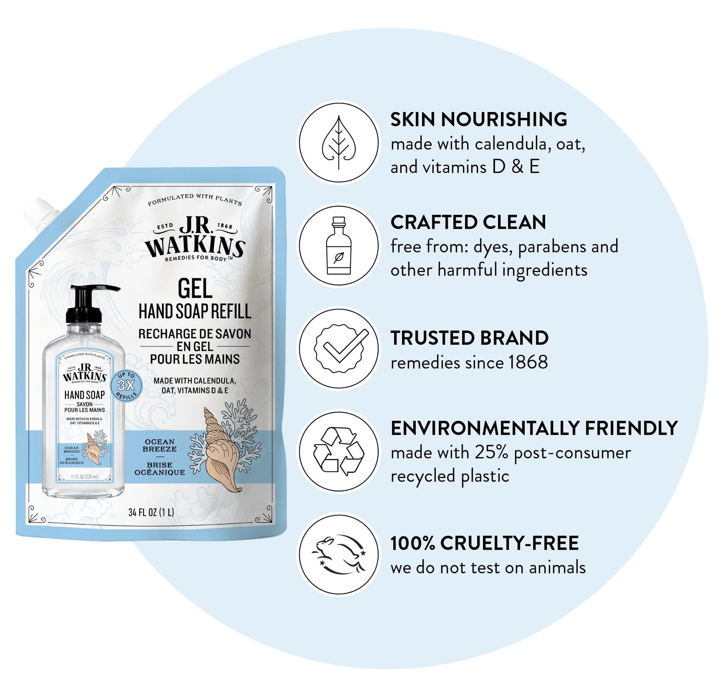 J.R. Watkins Gel Hand Soap Refill Pouch, Scented Liquid Hand Wash for Bathroom or Kitchen, USA Made and Cruelty Free, 34 fl oz, Ocean Breeze, 2 Pack Beauty & Personal Care J.R. Watkins