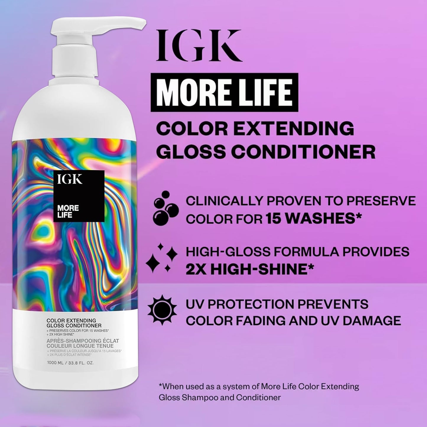 IGK MORE LIFE Color Extending Gloss Shampoo & Conditioner Set | Preserves Color + Enhances Shine | UV Protection | Vegan + Cruelty-Free | 33.8 oz Beauty & Personal Care IGK
