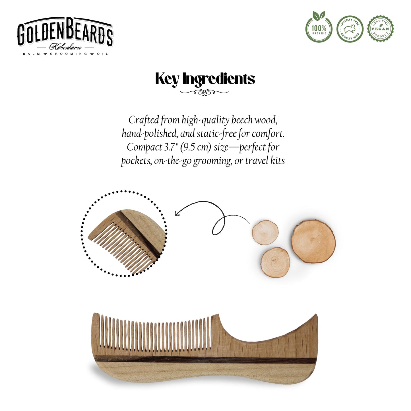 Eco Wood Moustache Comb 2.5 in - Fine Tooth Beechwood Comb for Shaping, Styling & Detangling Mustache - Eco-Friendly, Handmade, Static-Free (3.7") Beauty and Personal Care Golden Beards Kobenhavn BALM GROOMING OIL