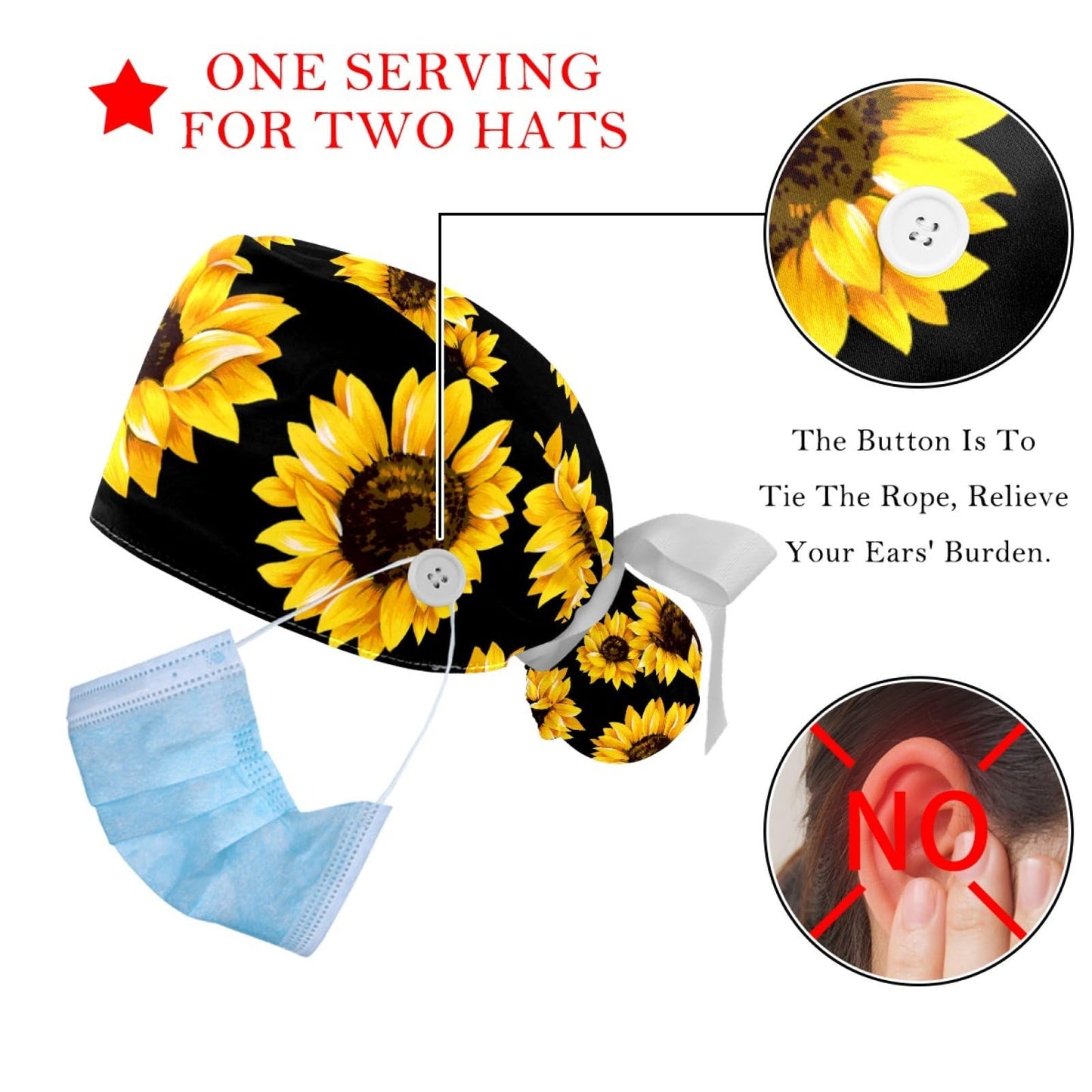 2 Pcs Adjustable Working Caps with Button, Yellow Sunflower Black Bouffant Ponytail Scrub Caps Women Long Hair Beauty and Personal Care Anna Cowper