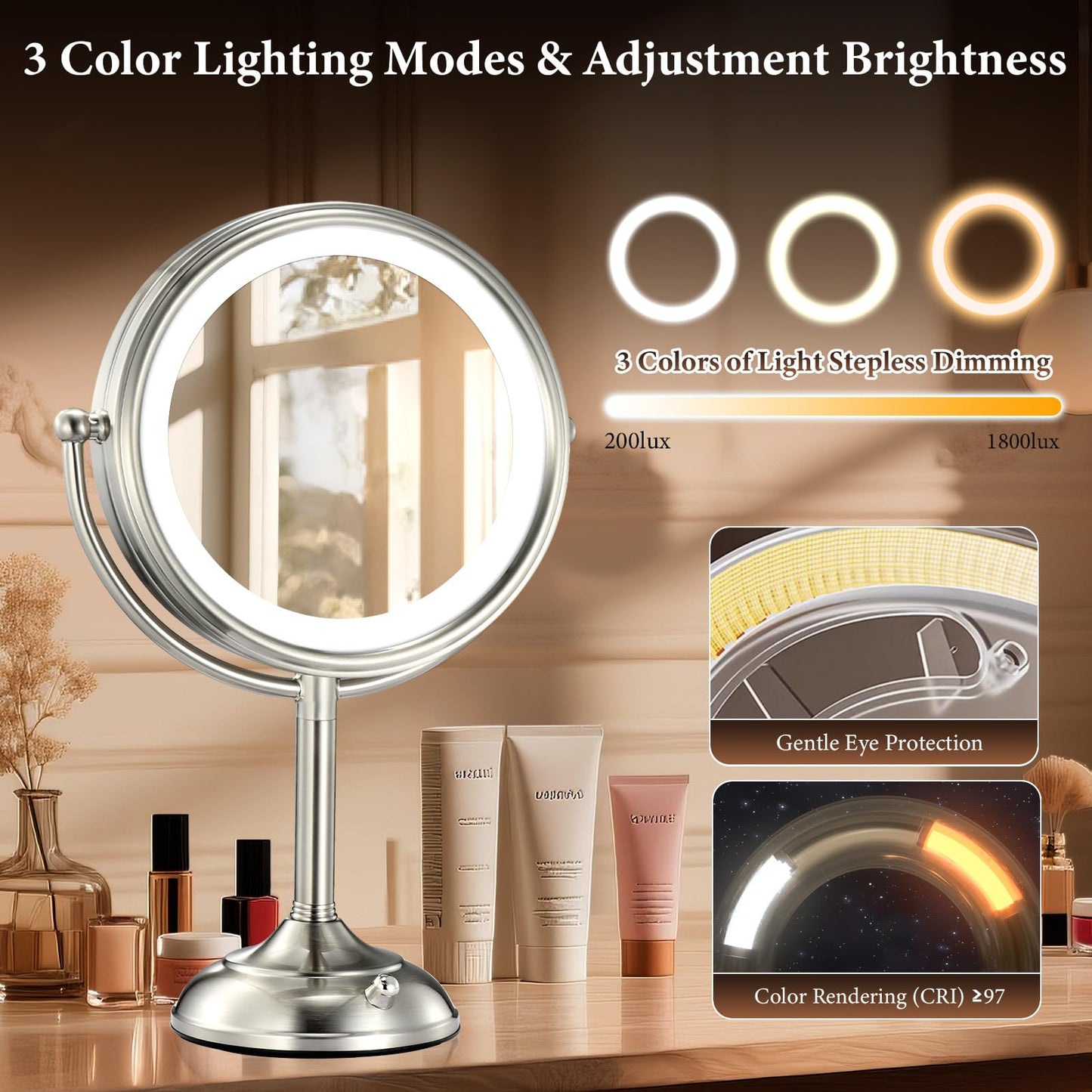 Professional 8.5" Large Lighted Makeup Mirror with Brighter Lights, 1X/10X True HD Magnifying Mirror with 3 Color Dimmable Lights, 90 Shadowless LEDs Beauty and Personal Care VESAUR