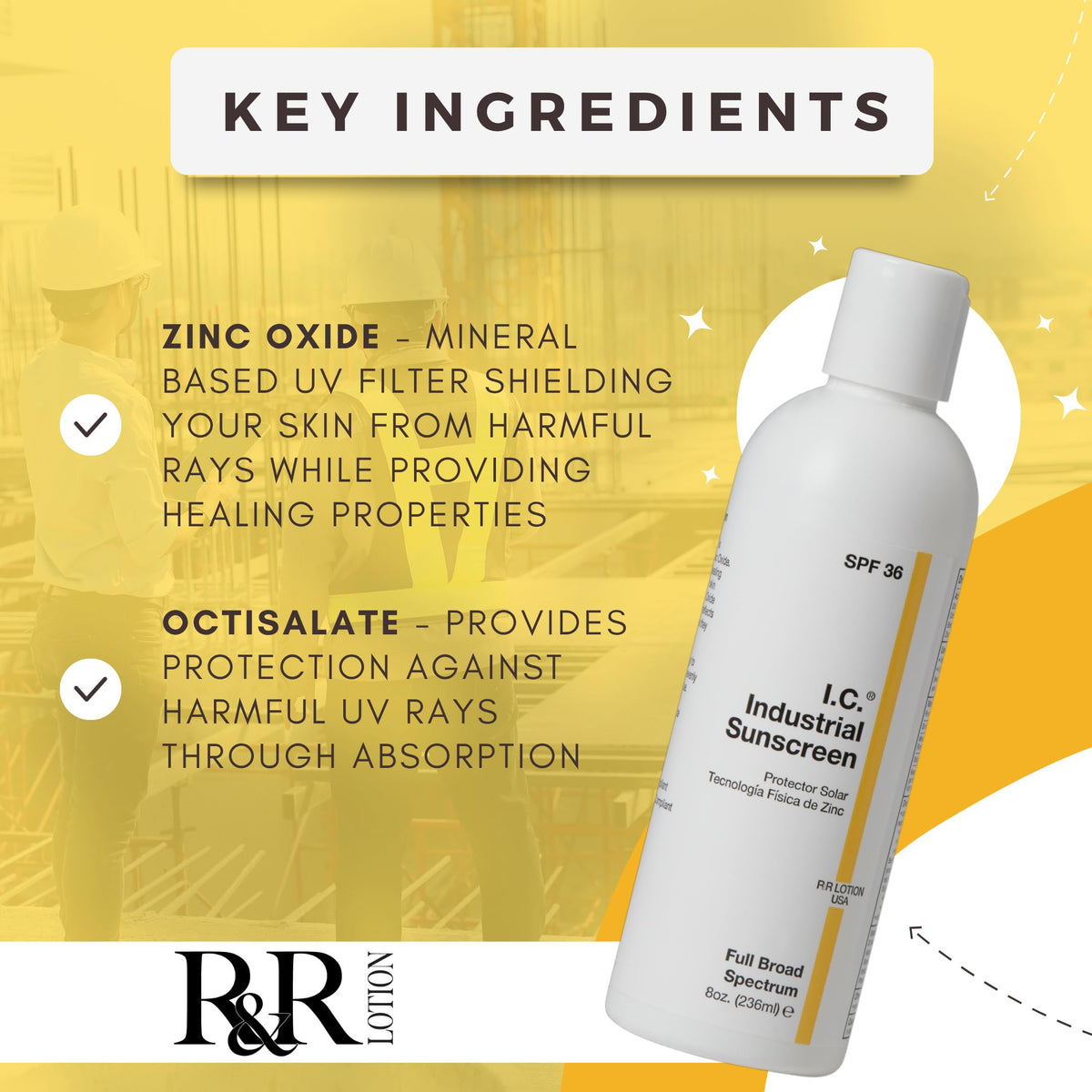 I.C. Industrial Sunscreen Mineral Based SPF 36 Physical Zinc Protection Full Broad Spectrum, 80 Minute Sweat & Water Resistant, Heat Stress. USA 32oz