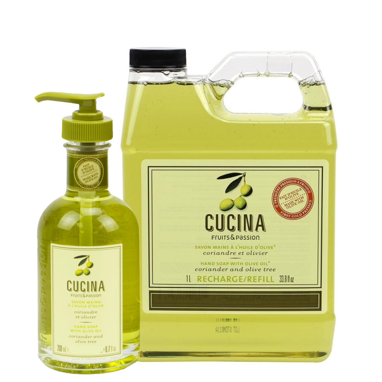 Cucina Fruits & Passion Coriander and Olive Tree Hand Soap Set, 6.7 fl oz Glass Bottle and 33.8 fl oz Refill, Made in Canada Beauty & Personal Care Cucina