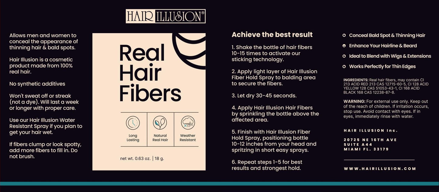 Hair Illusion Black Real Hair Fibers 18g – 100% Natural Texture, Non-Synthetic, Covers Thinning Hair & Bald Spots for Men & Women Beauty & Personal Care Hair Illusion