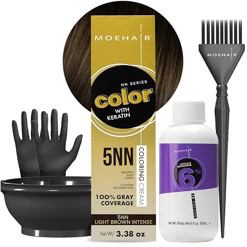 MOEHAIR Hair Coloring Kit | 5NN Permanent Hair Color (Light Brown Intense), 20 Volume Developer 6%, Coloring Brush, Gloves & Mixing Bowl | Keratin Beauty & Personal Care MOEHAIR