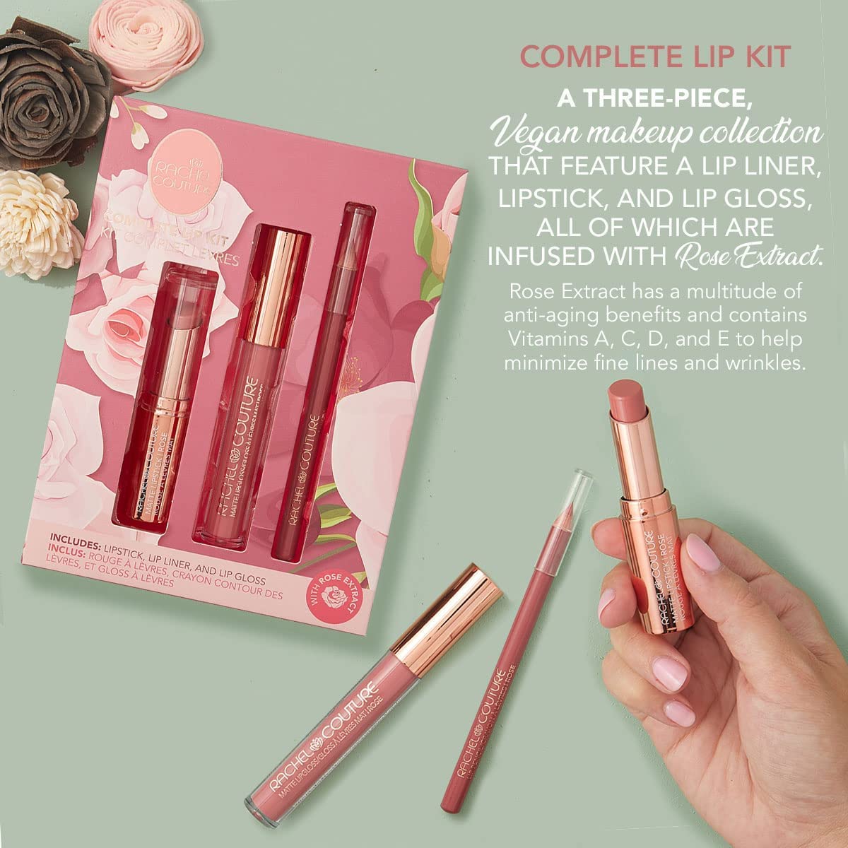 Rachel Couture Complete Lip Kit | Includes Lipstick, Lip Liner & Lip Gloss | Vegan & Cruelty Free | Infused with Rose Extract - Rose Beauty & Personal Care Rachel Couture