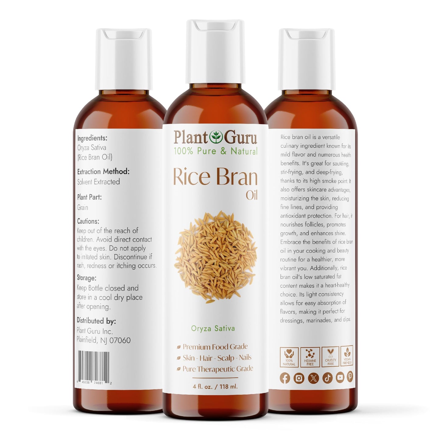 Plant Guru Rice Bran Oil 4 fl. oz. - 100% Pure & Natural Carrier Oil for Skin, Face, Body, and Hair Moisturizing. Great for DIY Creams, Lotions Beauty & Personal Care Plant Guru