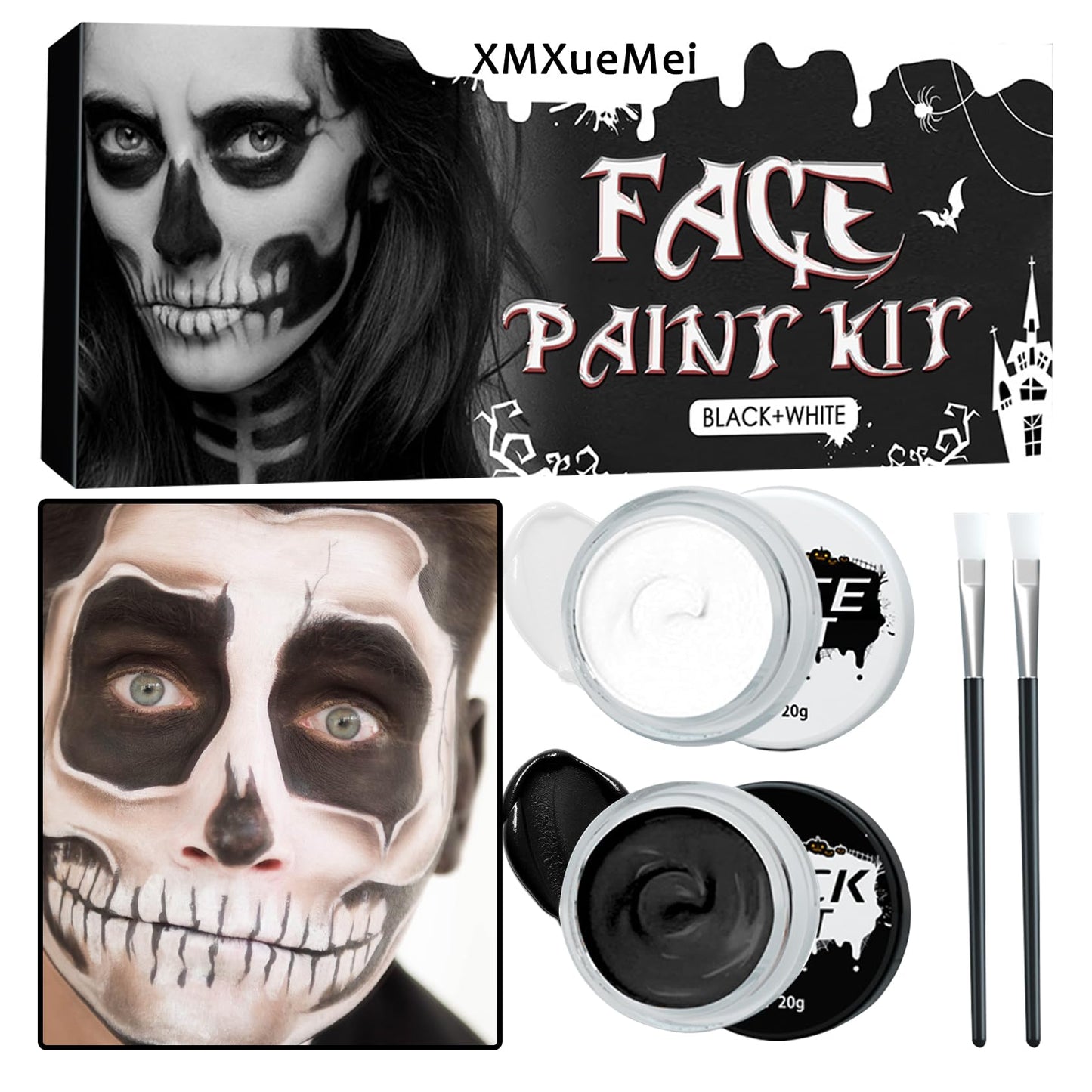 Black White Face & Body Paint Set,Professional Oil Based Face Painting Kit with 2 Brushes,Halloween SFX Makeup Palette Kit for Skull Costume Party Beauty & Personal Care XMXueMei