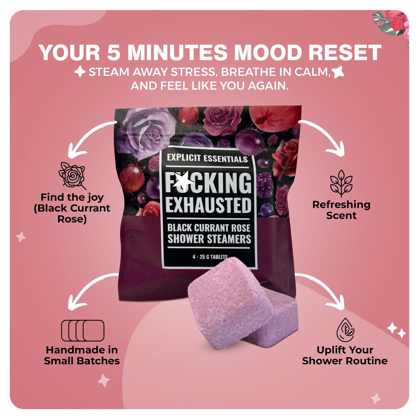 Explicit Essentials F Exhausted Shower Steamers - Black Currant Rose Aromatherapy Shower Steamer Tablets for Relaxation & Stress Relief - Spa Shower Beauty and Personal Care Explicit Essentials