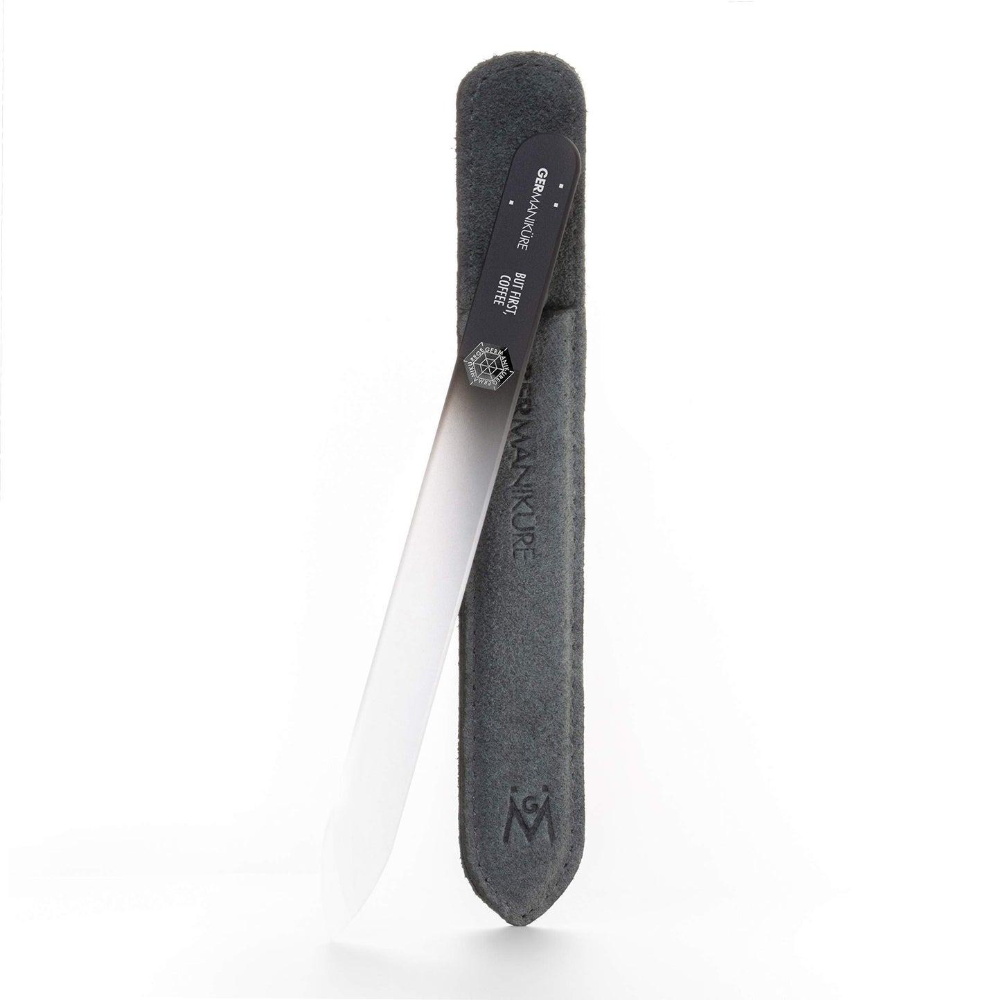 GERMANIKURE Glass Nail File in Suede Sleeve - But First Coffee - Professional Crystal Nail File for Natural Nails - Ideal Manicure & Pedicure Tool Beauty & Personal Care GERmanikure