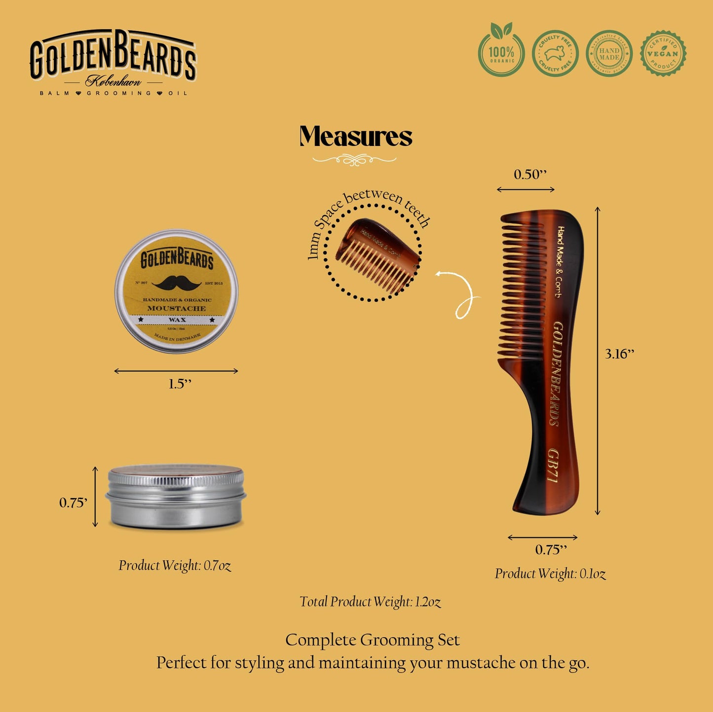 Golden Beards Mustache Wax with GB-71 Comb - Organic & Natural Styling Wax for Men - Strong Hold, Handmade, Vegan, Cruelty-Free Grooming Kit Beauty and Personal Care Golden Beards Kobenhavn BALM GROOMING OIL