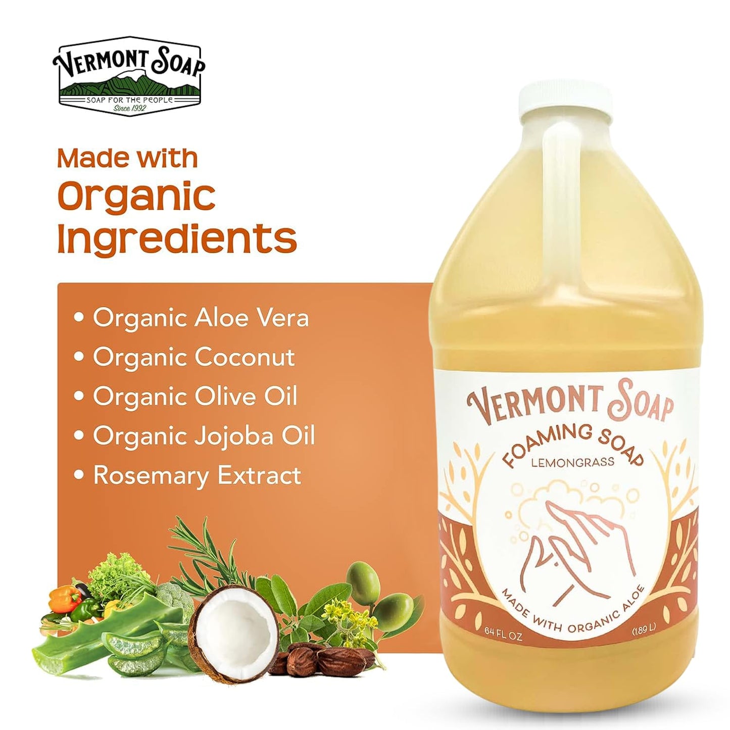 VERMONT SOAP Organic Lemongrass Zen Foaming Hand Soap - Natural Moisturizing Soap for Dry Skin - Fragrance Free Liquid Bathroom Hand Soap - Lemongrass Beauty & Personal Care VERMONT SOAP