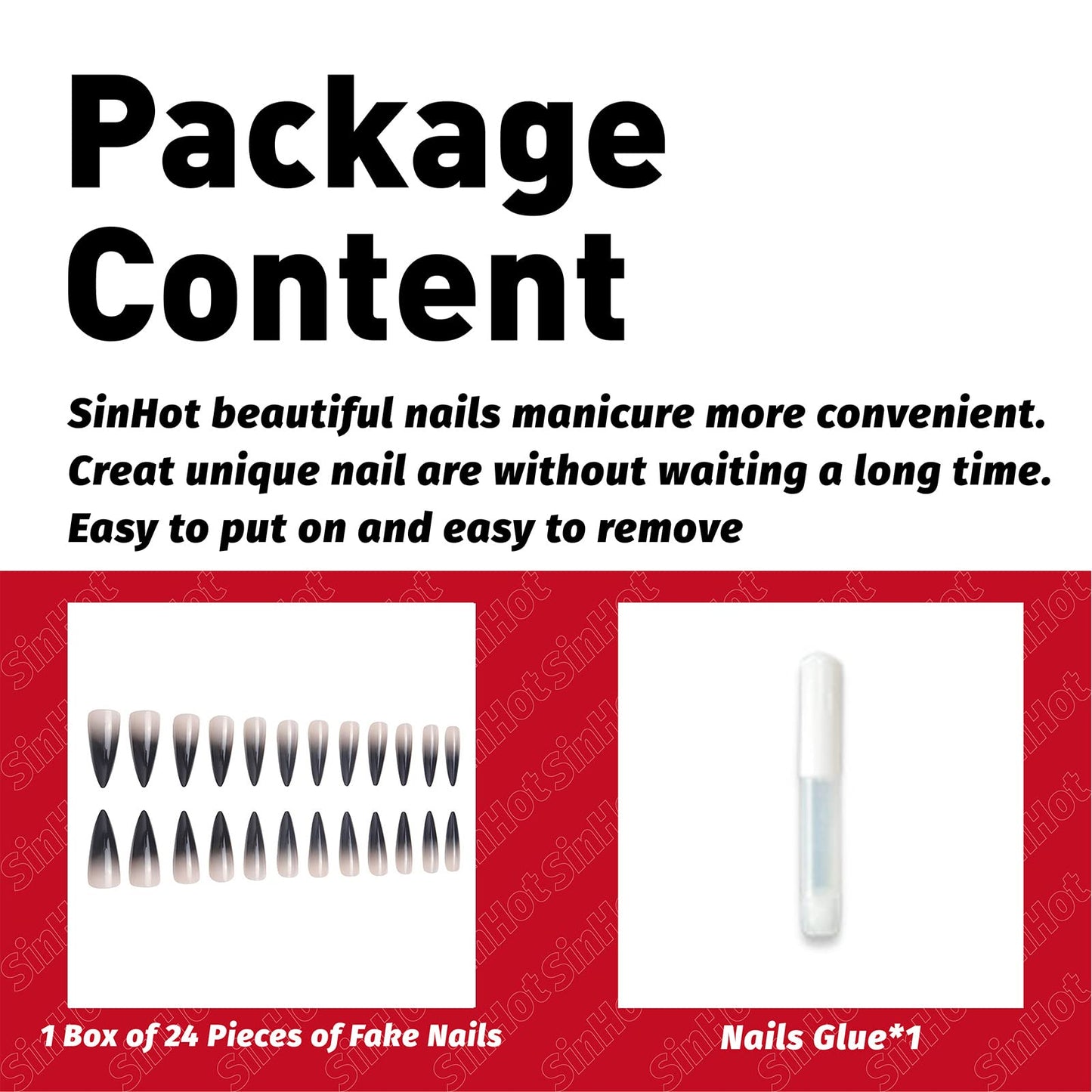 SINHOT Stiletto Press on Nails Extra Long Fake Nails with Glue Glossy False Nails with Black Gradient Designs Full Cover Almond Acrylic Nail 24pcs Beauty & Personal Care SINHOT