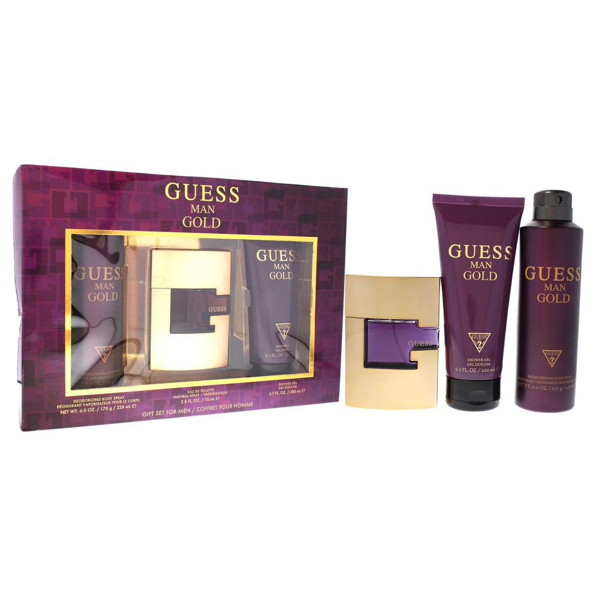 Guess Gold 3 Pc Gift Set 2.5oz EDT Spray, 6.0oz Deodorizing Body Spray, 6.7oz Shower Gel GIFTSET