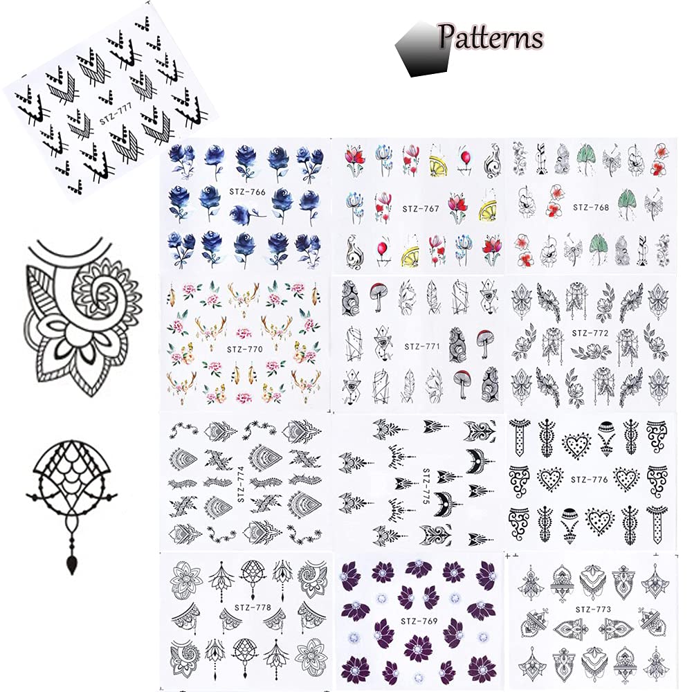 13 Sheets Black Nail Stickers Boho Retro Nail Decals Black Nail Tattoos Water Transfer Nail Decals Nails Supply Necklace Jewelry Feather Nail Design Beauty & Personal Care XMMXNBJ