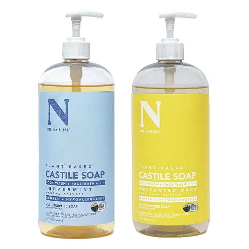 Dr. Natural Castile Liquid Soap - Multi-Use Body Wash, Shampoo, Face Wash - Hydrating Body Soap for Skin, Hair - Peppermint, Unscented Baby- 2 pc Beauty & Personal Care Dr. Natural