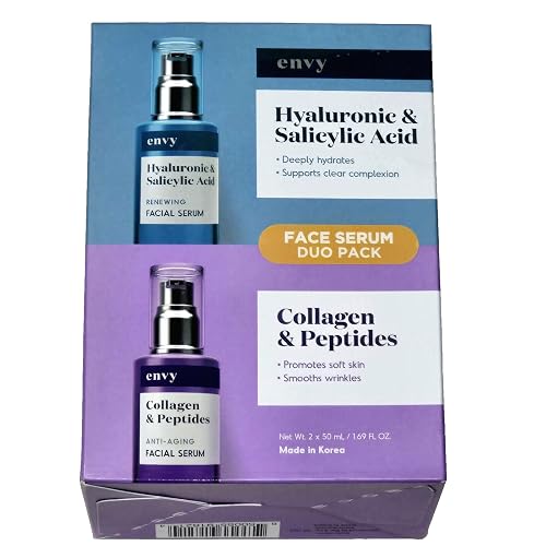 Envy Face Serum Duo Pack Hyaluronic & Salicylic Acid 1.69 fl oz and Collagen & Peptides 1.69 fl oz Beauty & Personal Care KLAR & CO