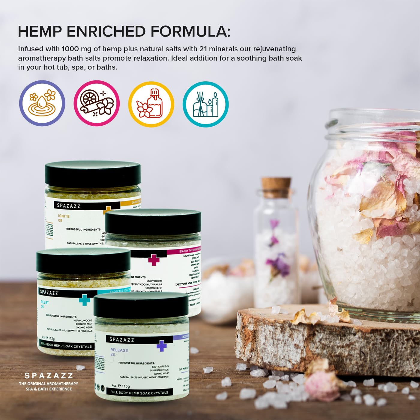 Spazazz Hot Tub Aromatherapy Full Body Hemp Soak Collection Sampler Pack - 4oz 1000 mg Hemp Spa Aromatherapy Hot Tub Bath Salt Crystals 4 Pack Beauty and Personal Care Spazazz