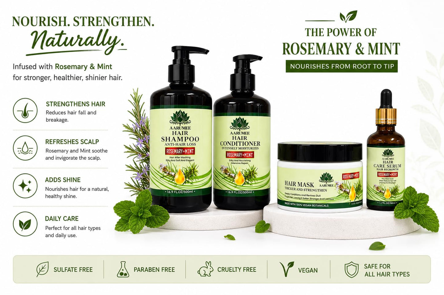 AARUMEE Rosemary & Mint Hair Care Set, Shampoo, Conditioner, Hair Mask & Serum, Anti-Hair Loss, Sulfate Free, Vegan Beauty & Personal Care AARUMEE