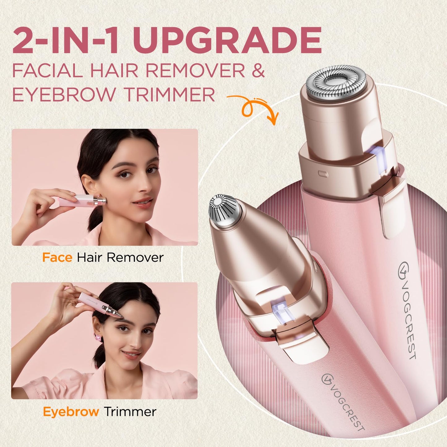 Rechargeable Facial Hair Remover for Women: 2 in 1 Electric Eyebrow and Facial Hair Remover - Suitable for Middle-aged Women’s Eyebrow, Chin, Beauty and Personal Care VG VOGCREST