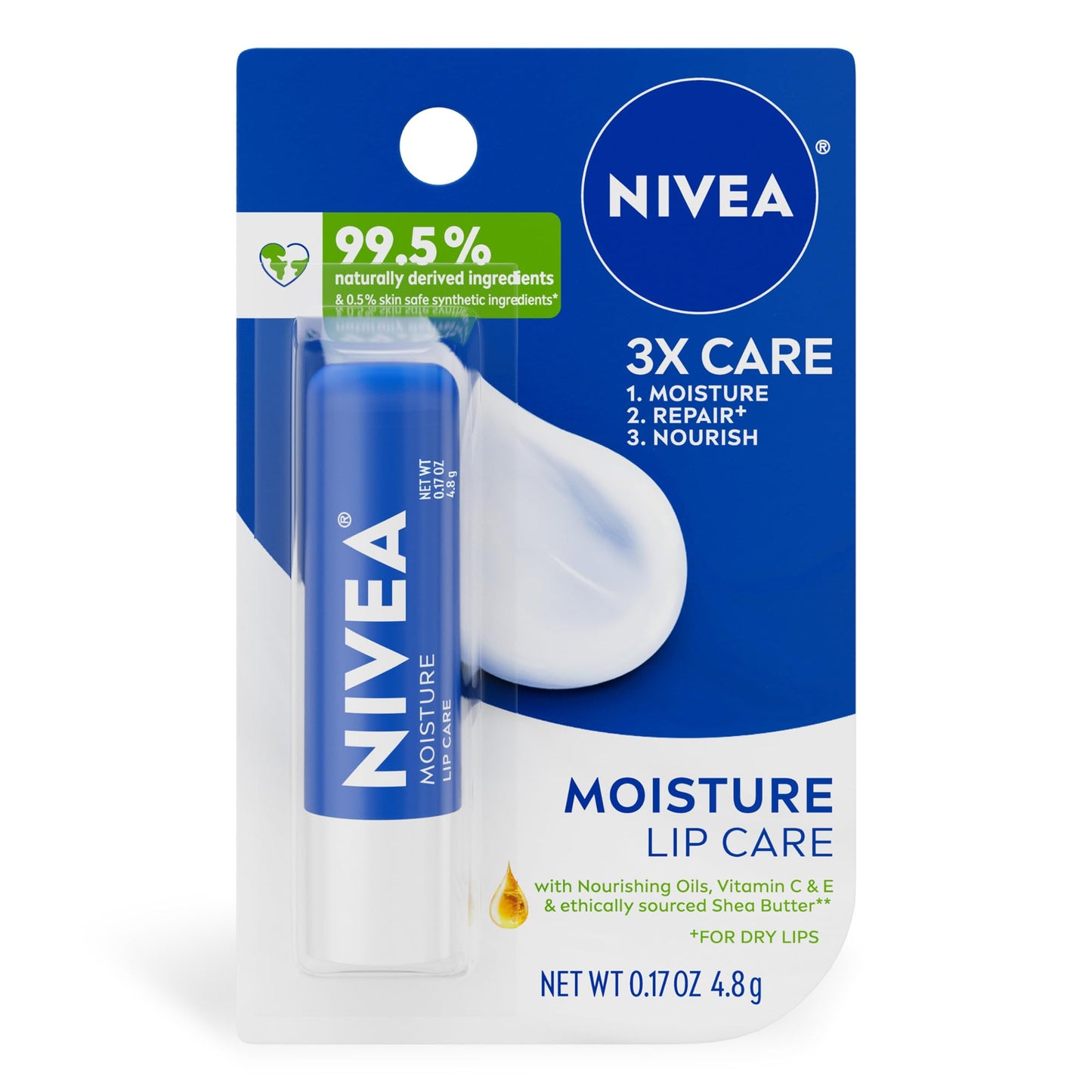 NIVEA Moisture Lip Care, Hydrating Lip Balm with Shea Butter, Nourishing Oils and Vitamin C & E, 3-in-1 Moisture, Repair (for Dry Lips) and Nourish Beauty and Personal Care NIVEA
