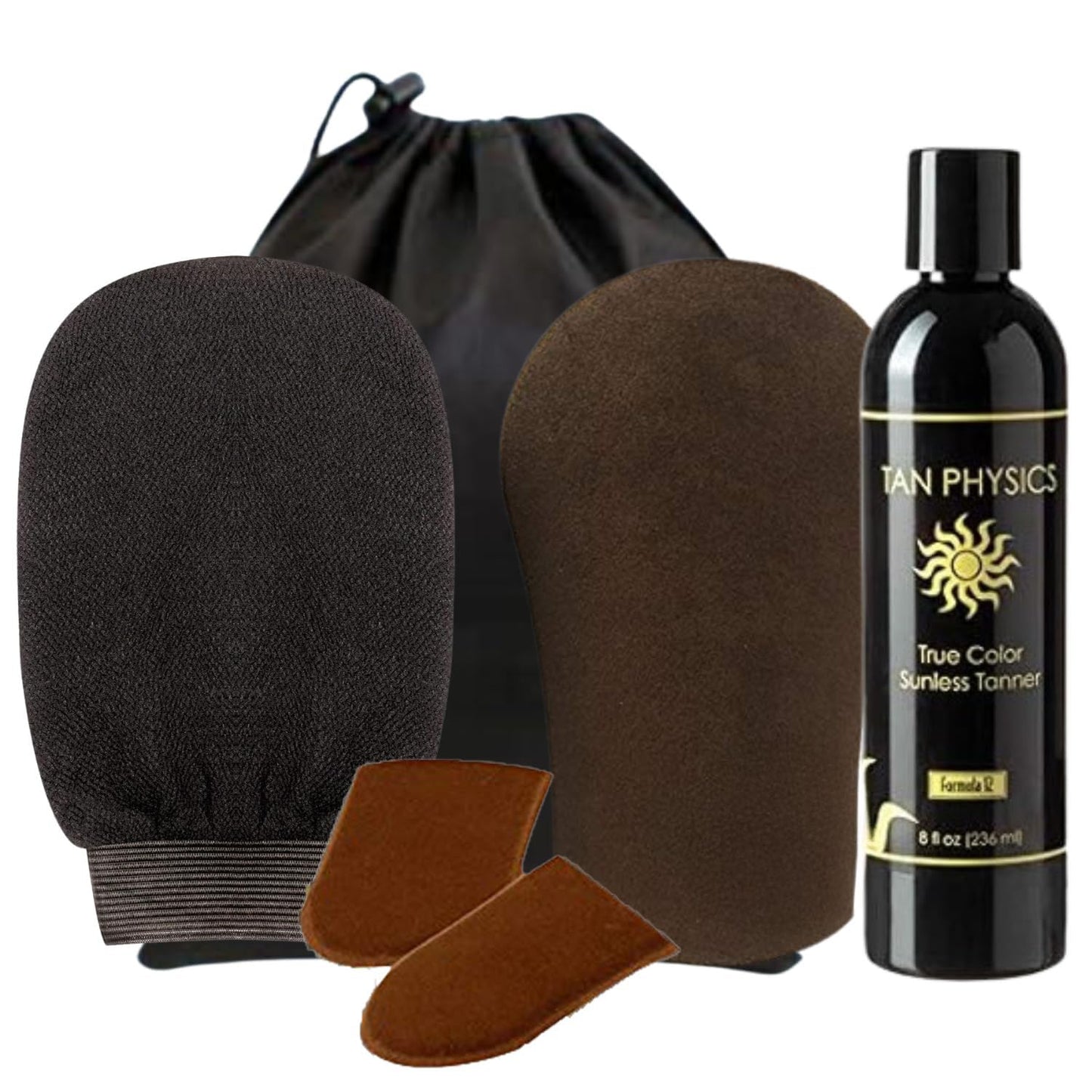 Tan Physics Sunless Tanner - 6pc Tanning Kit with Face & Body Mitts, Exfoliation Mitt & Travel Bag - Self Tanning Lotion for Face & Body - Instant Beauty & Personal Care Tan Physics