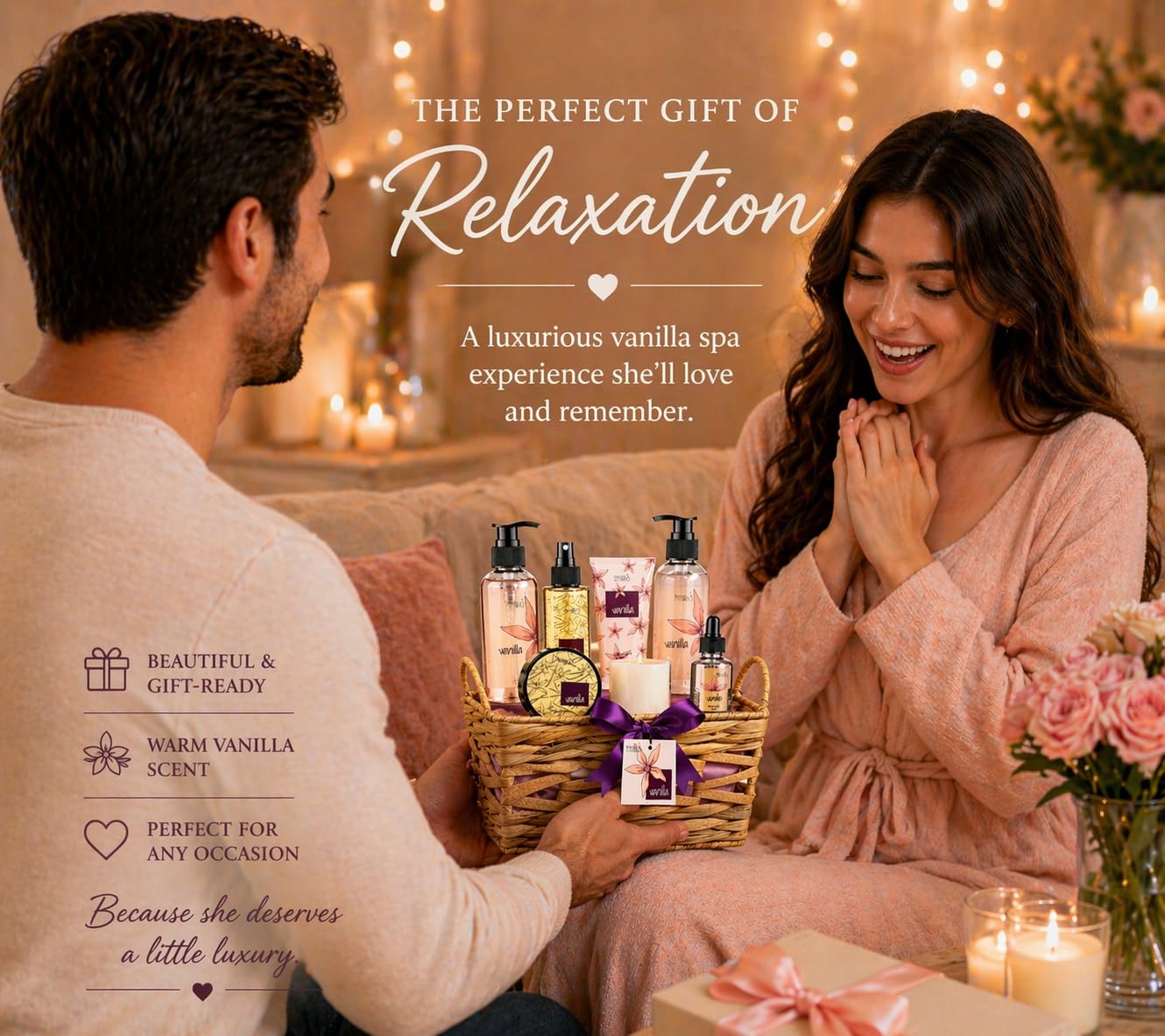 Vanilla Spa Gift Basket for Women - Mother’s Day Bath & Body Gift Set with Shower Gel, Bubble Bath, Body Lotion, Body Mist, Body Oil & Candle - Self Beauty and Personal Care Freida and Joe