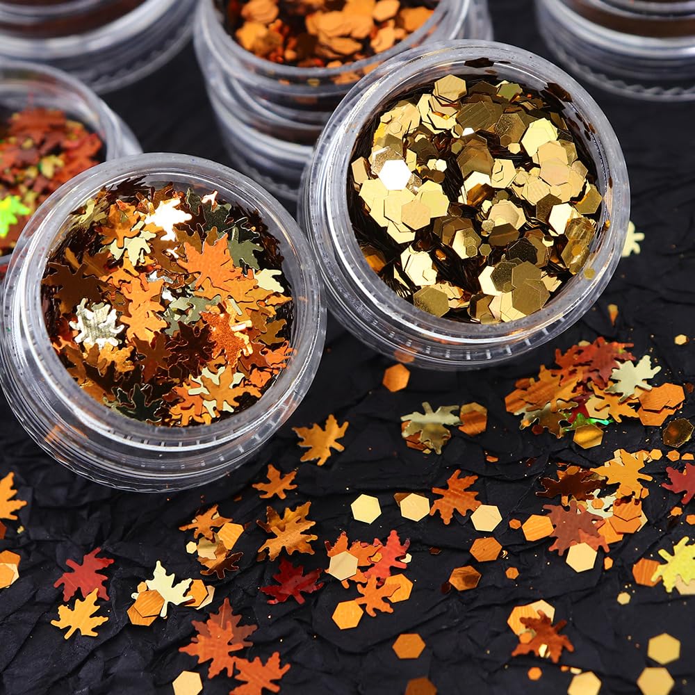 Fall Nail Art, 6 Boxes Fall Leaves Nail Glitters 3D Gold Maple Leaf Nail Sequins with Glitter Powder Gold Yellow Red Autumn Leaves Nail Art Flakes Beauty & Personal Care Qdsuh