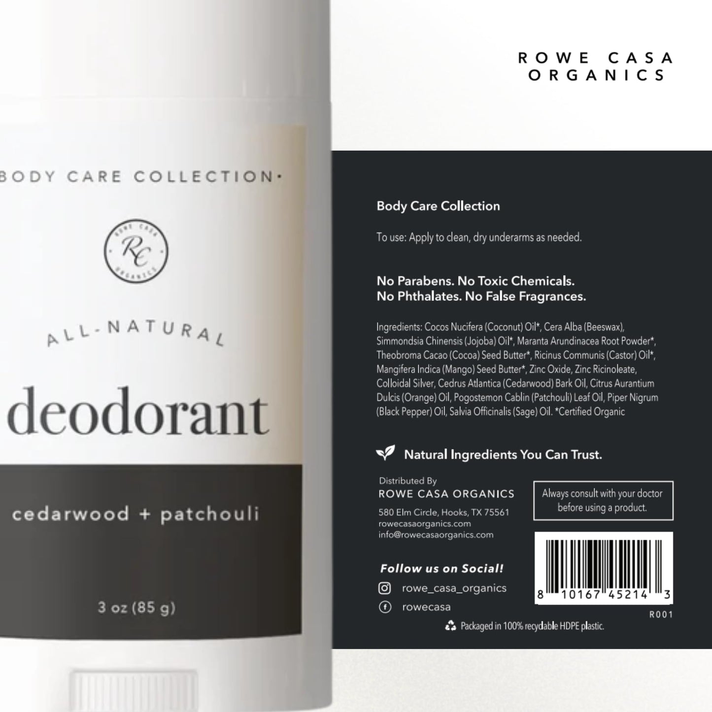 Rowe Casa Organics Cedarwood + Patchouli Natural Aluminum Free Deodorant for Men and Women, Wood and Musky Paraben-Free Deodorant Stick Beauty and Personal Care Rowe Casa Organics