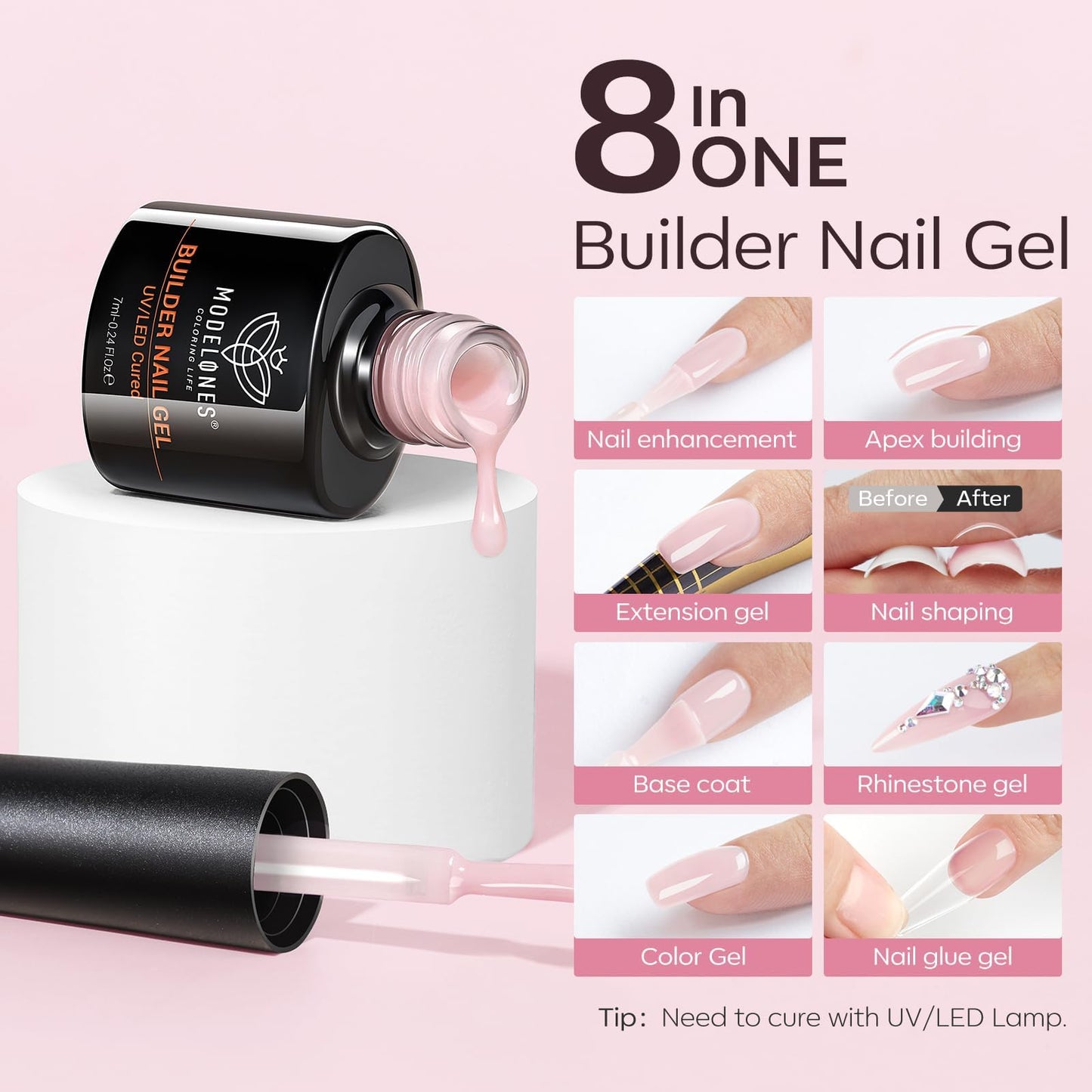 modelones Gel Polish Builder Nail Set, Builder Base Colors Jelly Nude Pink Hard Strengthener Rubber Gel Polish 8-in-One Extension LED Nail Lamp Cured Beauty and Personal Care modelones