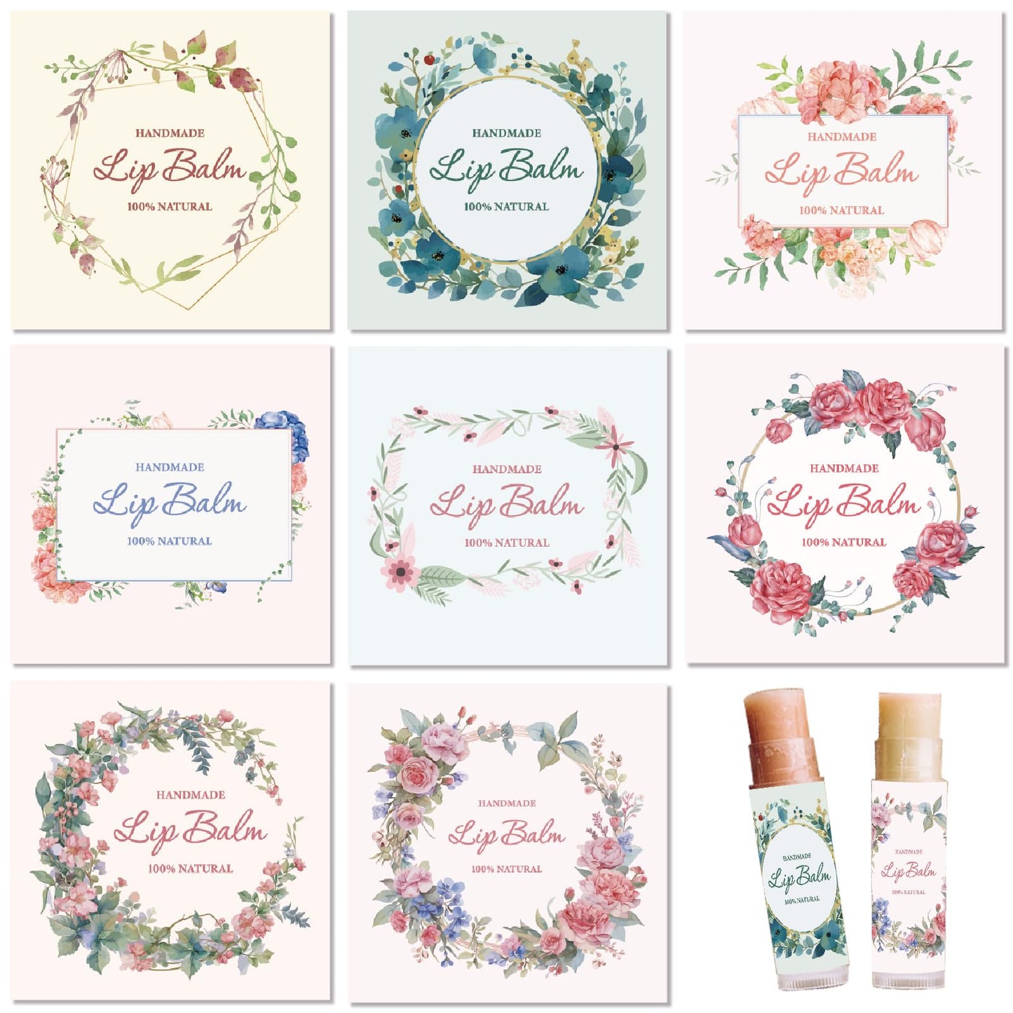 CRASPIRE 80Pcs 8 Styles Lip Balm Sticker Flower Leaf Wreath Plant Self-Adhesive Homemade Lip Balm Labels Vintage Square DIY Label Stickers for Lip Beauty and Personal Care CRASPIRE