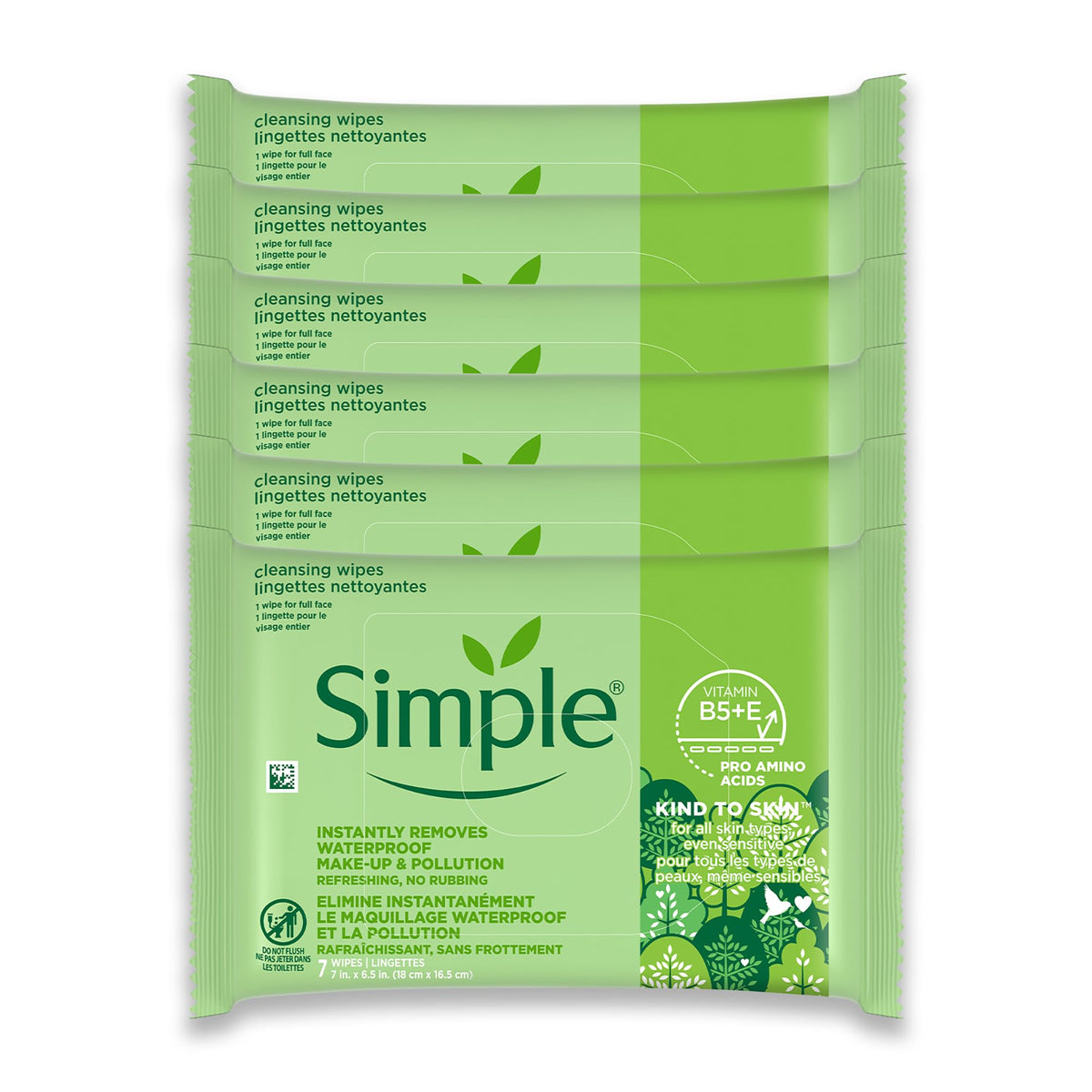 Simple Kind To Skin Cleansing Makeup Remover Wipes - Vegan Facial Cleanser Wipes with Vitamin B5 and E - Removes Waterproof Makeup - 6 pc