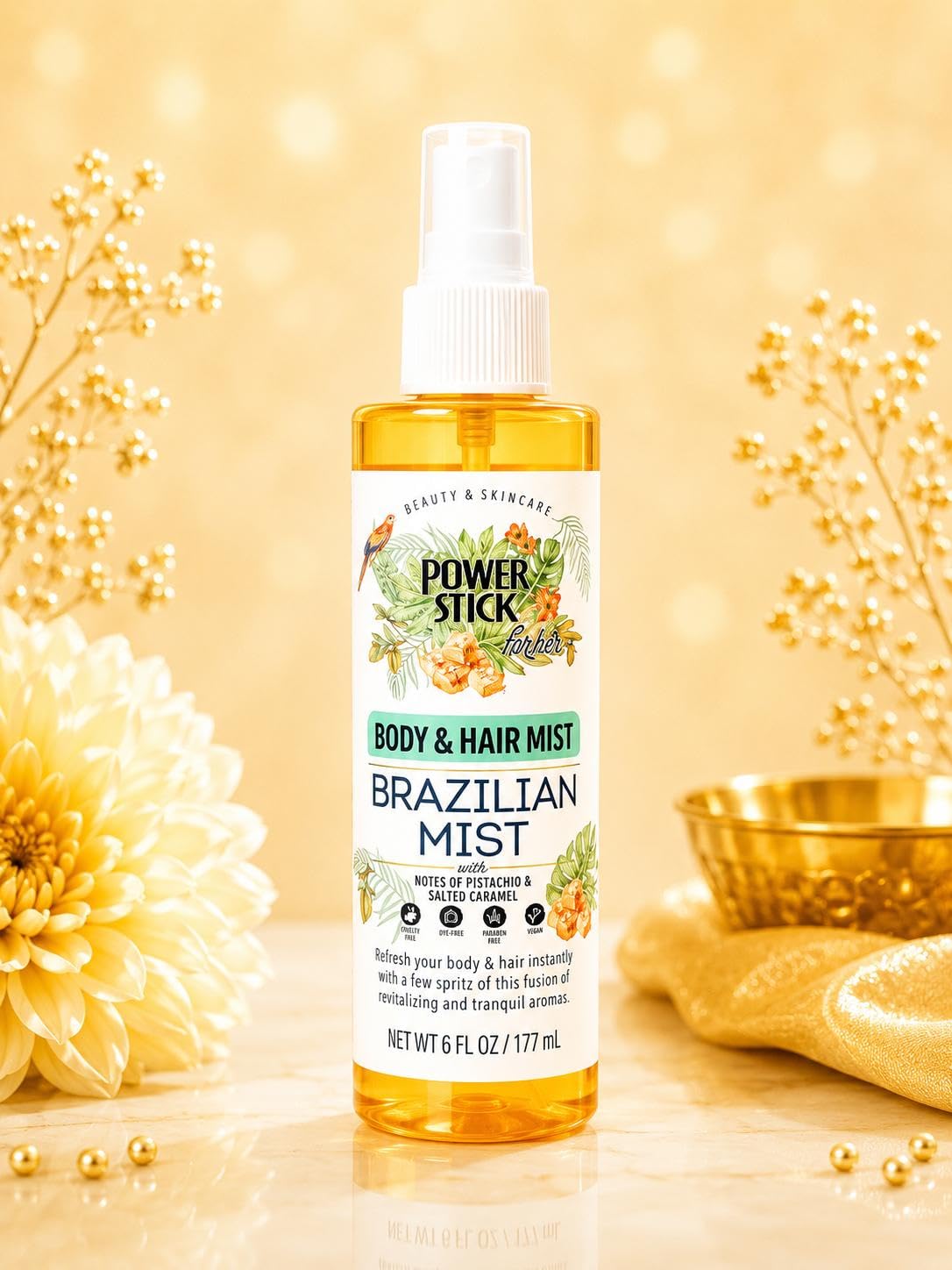Power Stick for Her Brazilian Mist Body & Hair Mist, Pistachio & Salted Caramel Scent, 6 Fl Oz, Dye-Free, Paraben-Free Beauty & Personal Care Power Stick