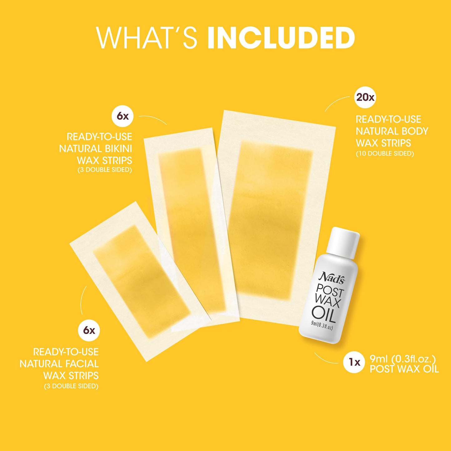 Nad's Wax Strips Kit Natural All Skin Types Wax Hair Removal For Women, 6 Face Wax Strips + 20 Body Wax Strips + 6 Bikini Wax Strips + Post Wax Oil Beauty and Personal Care Nad's