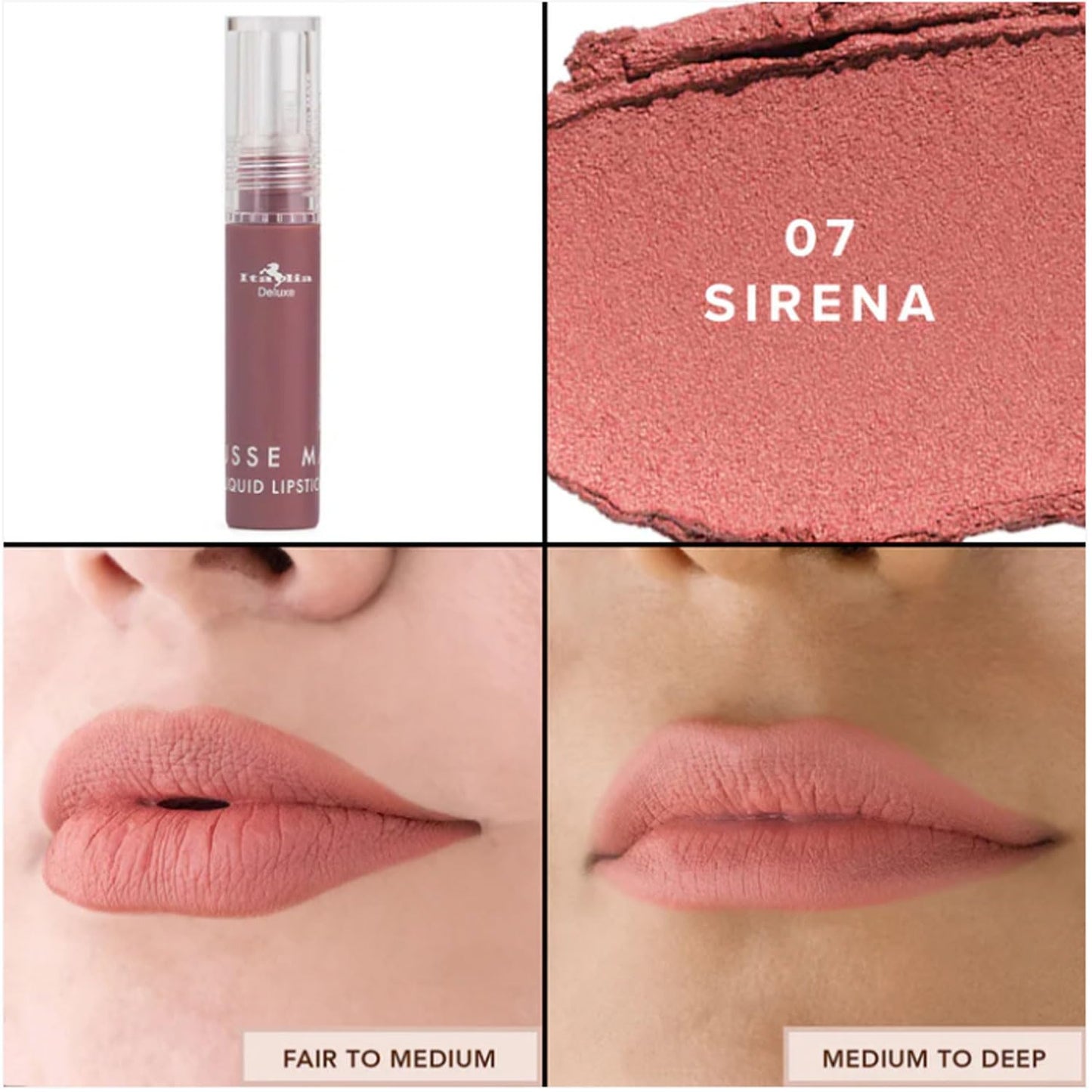 Italia Deluxe Pick 1 Mousse Matte Liquid Lipstick Comfortable Velvet Finish & Zipper Bag (190-07 : SIRENA, Full Size) Beauty & Personal Care Italia Deluxe