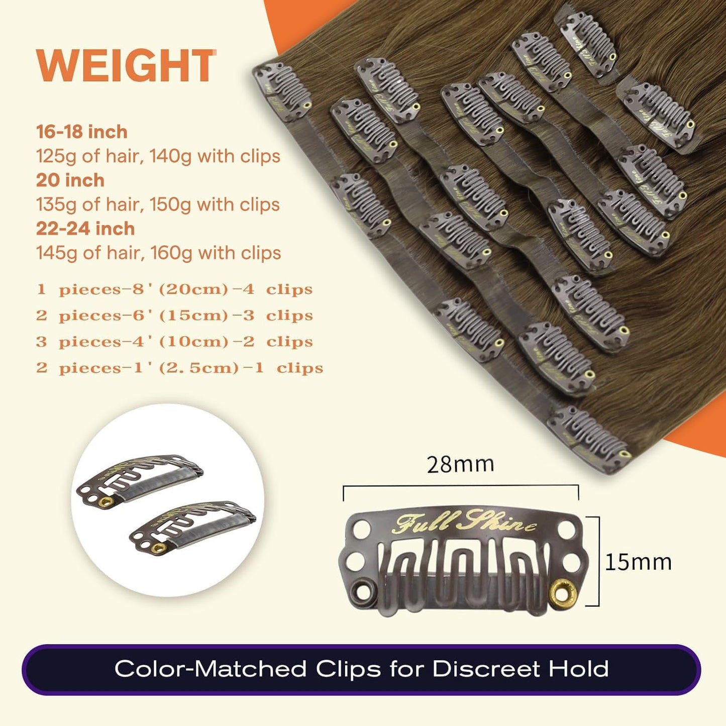 Full Shine Seamless Clip in Human Hair Extensions Medium Brown 140g 16 Inch Beauty and Personal Care Full Shine