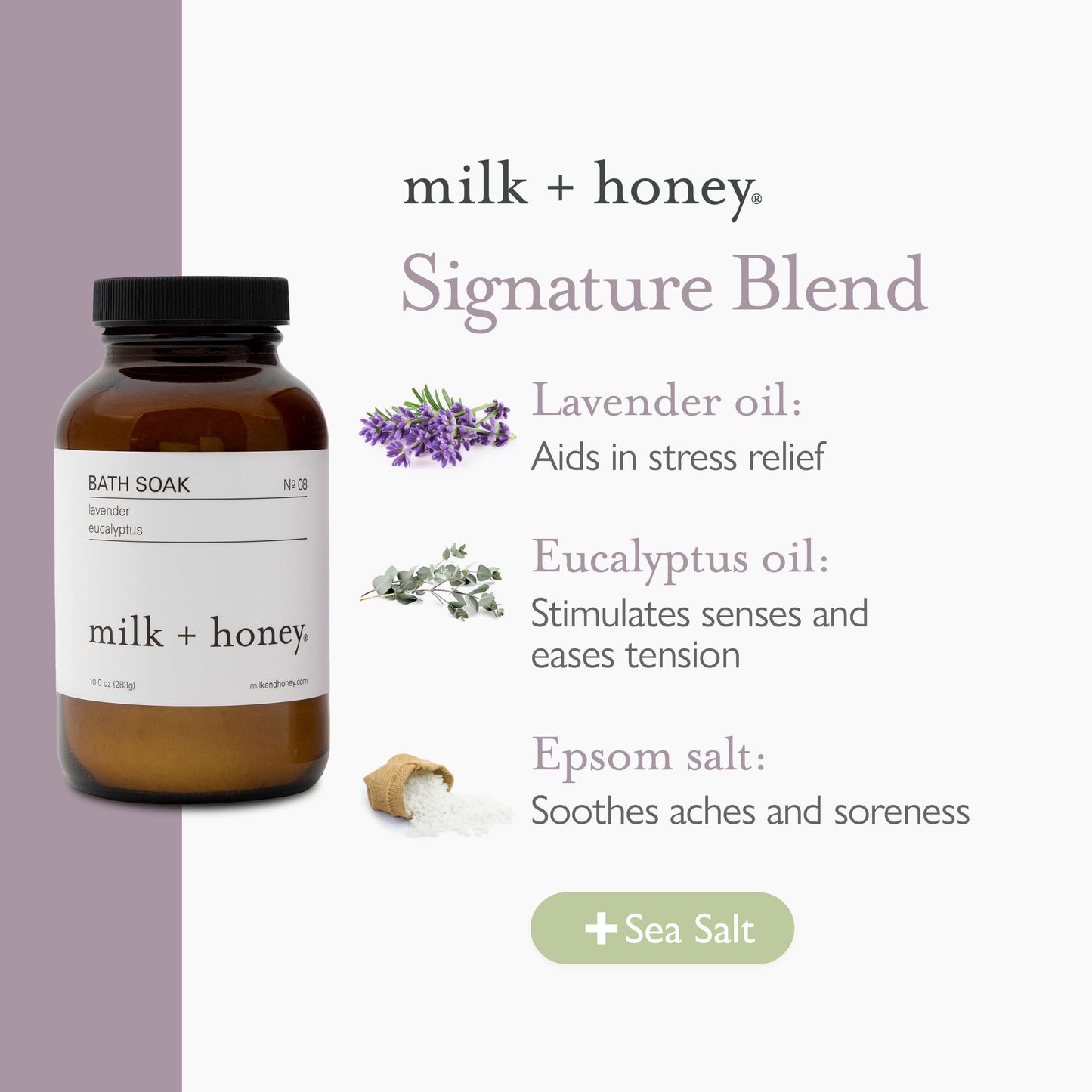 Milk + Honey Calming Bath Soak No. 8 - Moisturizing Epsom Salt with Lavender & Eucalyptus - Relaxing Aromatherapy Soak for Sore Muscles, Dry Skin Beauty and Personal Care milk + honey