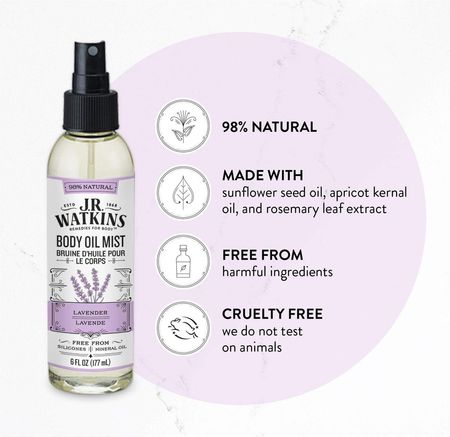J.R. Watkins Natural Hydrating Body Oil Mist, Moisturizing Body Oil Spray for Glowing Skin, and Cruelty-Free, Lavender, 6 fl oz, Single Beauty & Personal Care J.R. Watkins