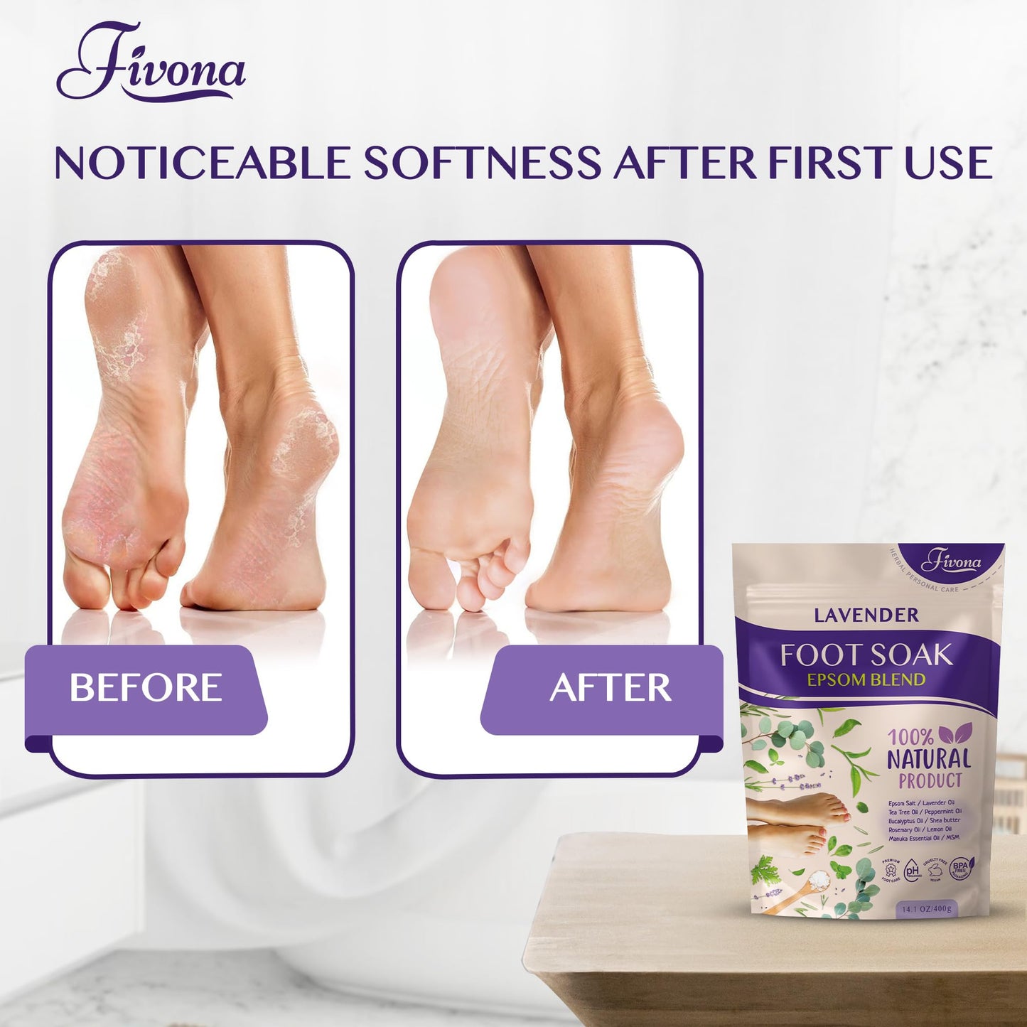 Fivona Foot Soak Blend Epsom Salt with Lavender 14.1 oz - Calming Foot Bath Salt, Relax & Renew Tired Feet, Soothe Soreness, Soften Calluses Beauty and Personal Care FIVONA