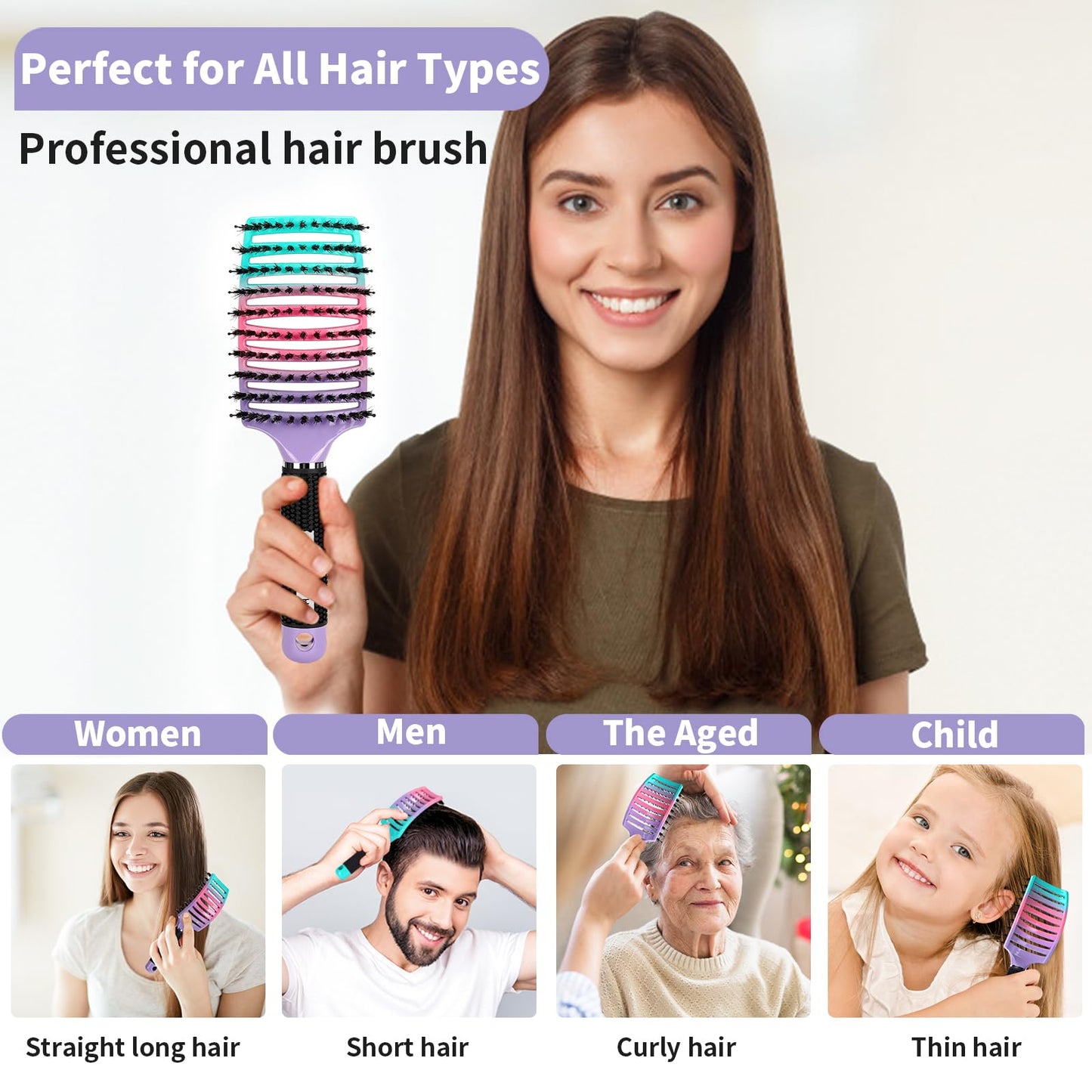 Boar Bristle Hair Brush Set of 2, HIPPIH Wet & Dry Hair Brushes Made by Fine Natural Boar Hair Can Adds Shine and Smoothing, Detangling Hairbrush Beauty and Personal Care HIPPIH