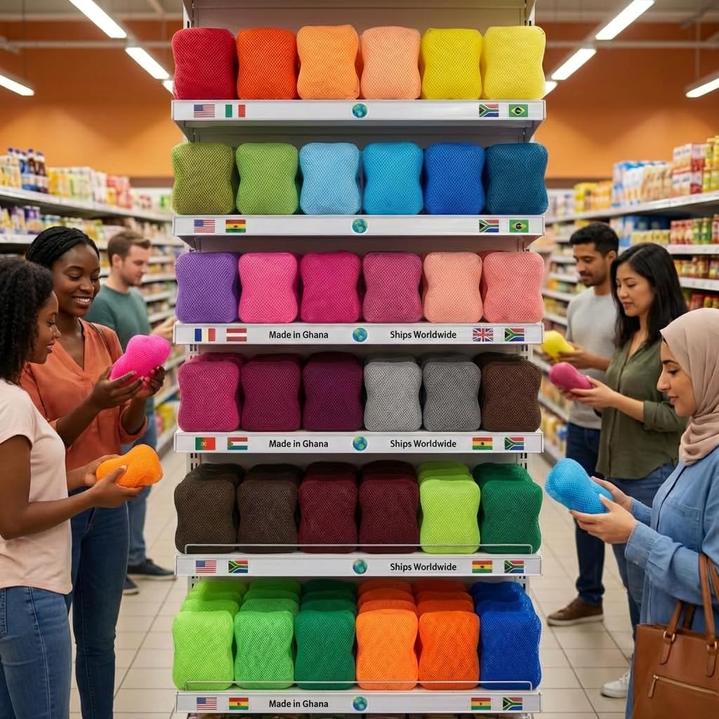 Trending African net Cloth with Knots, Real, Long, exfoliating net Sponge with 12 Colors for Sale Made for Both Men and Women as a Hygiene Essential Beauty and Personal Care AFRICANA BEAUTY