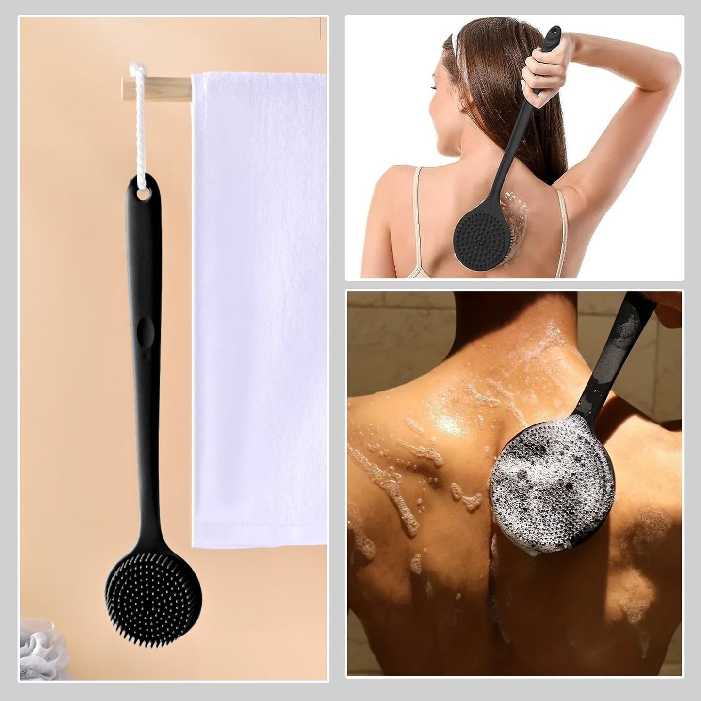WALWAL Soft Silicone Back Scrubber for Shower, Long Handle Double-Sided Exfoliating Massage Bath Body Brush (Black) Beauty and Personal Care WALWAL
