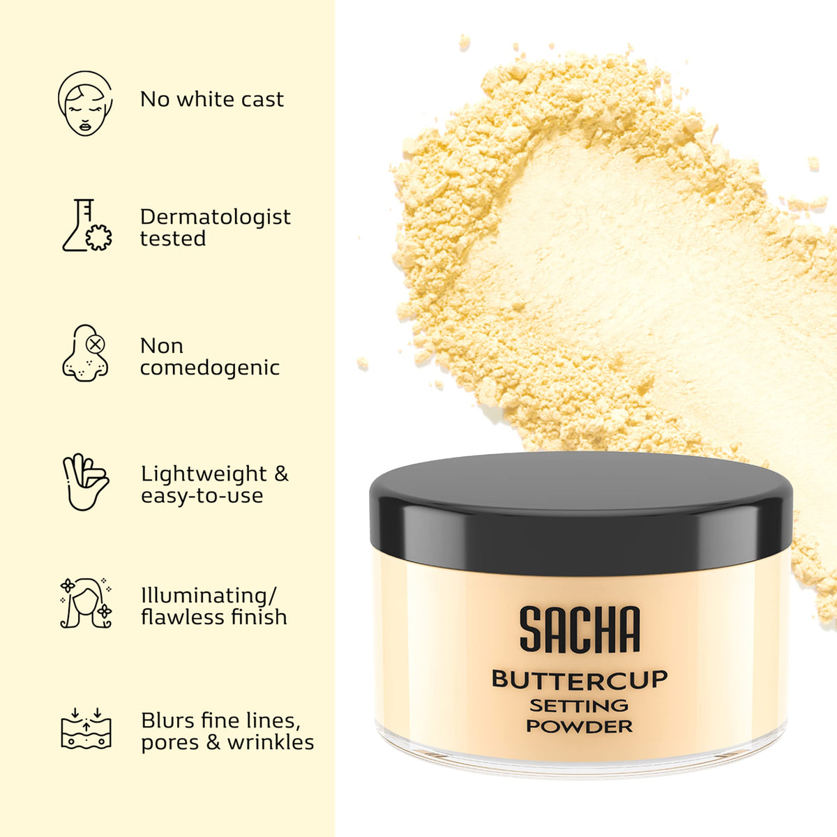 Sacha Buttercup Light Setting Powder - Light to Medium Skin Tones Translucent Loose Face Powder, Flashback-Resistant, Oil Control, Long-Wear Matte