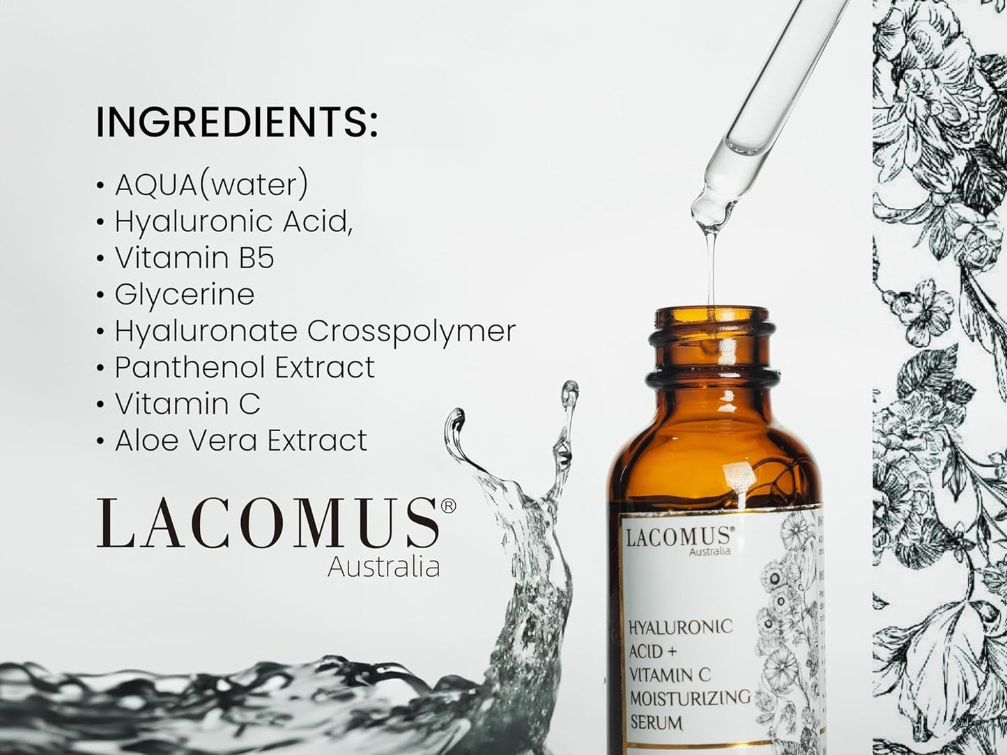 Hyaluronic Acid + Vitamin C Moisturizing Serum for Fine Lines and Blemishes - Organic and Cruelty-Free Skin Health Booster - Moisturizing Formula Beauty & Personal Care LACOMUS Australia