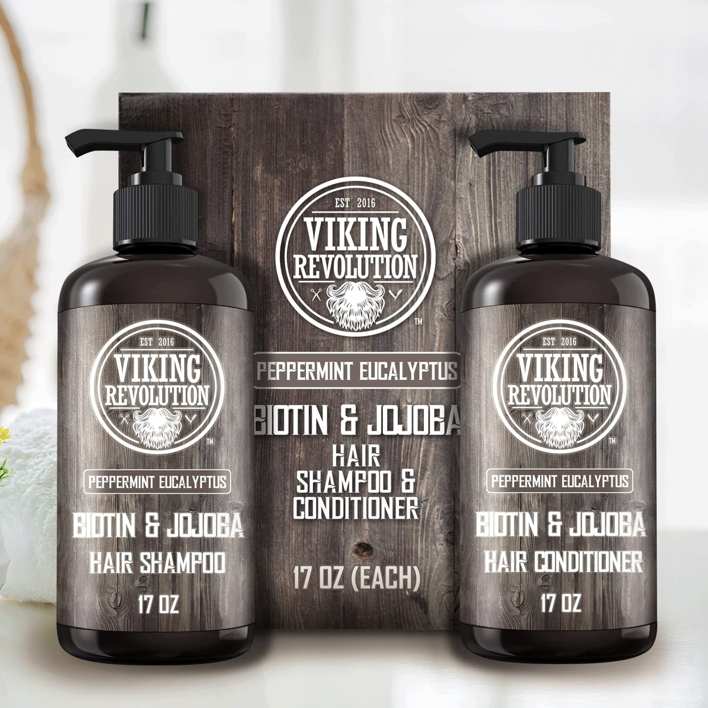 Viking Revolution Biotin Mens Shampoo and Conditioner Set - Eucalyptus Shampoo and Conditioner Set with Jojoba and Mint Oil - Peppermint Oil Hair Beauty & Personal Care Viking Revolution