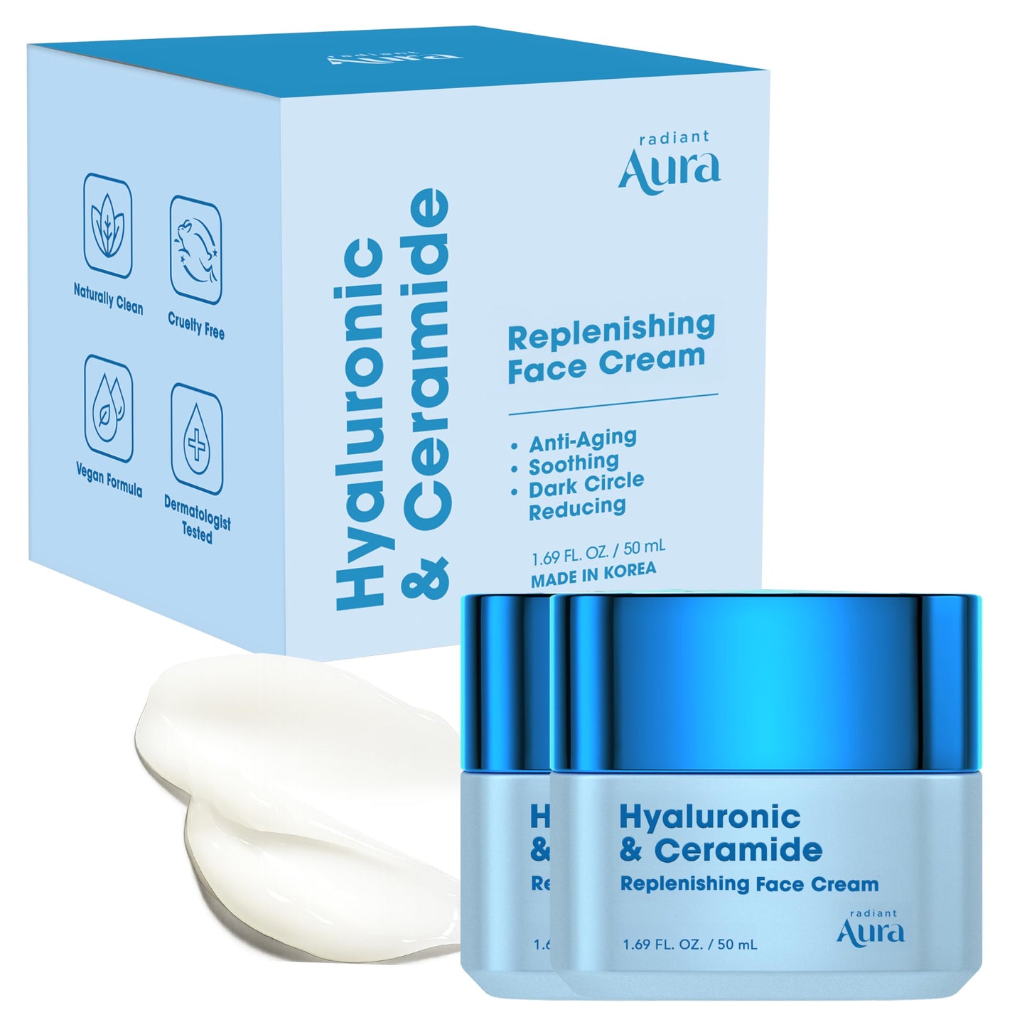 Radiant Aura Hyaluronic Acid & Ceramide Face Moisturizer - Dermatologist Tested, Anti Aging, Korean Skin Care - Hydrating Face Cream, Softens Beauty & Personal Care Radiant Aura
